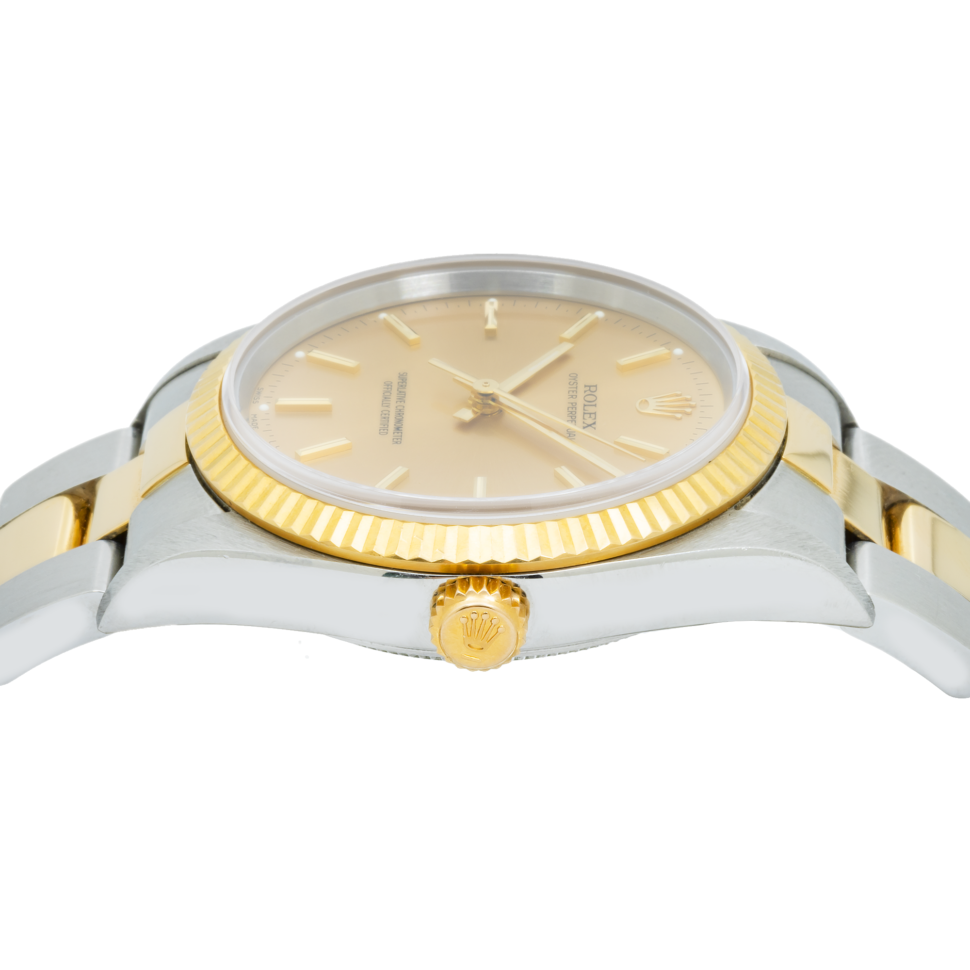 Rolex Oyster Perpetual 34MM 14233 Champagne Dial Fluted Bezel Two Tone Yellow Gold Oyster Bracelet