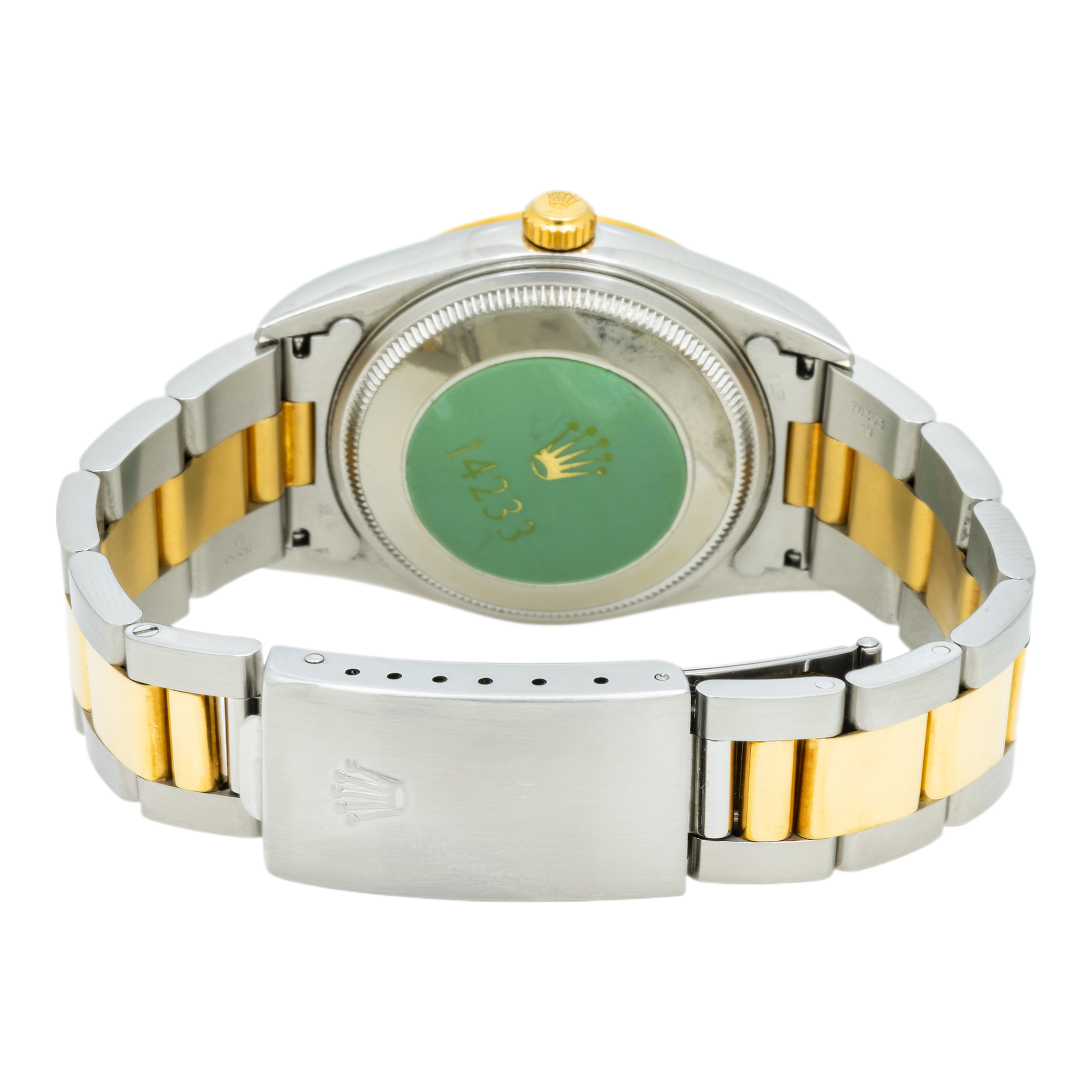 Rolex Oyster Perpetual 34MM 14233 Champagne Dial Fluted Bezel Two Tone Yellow Gold Oyster Bracelet