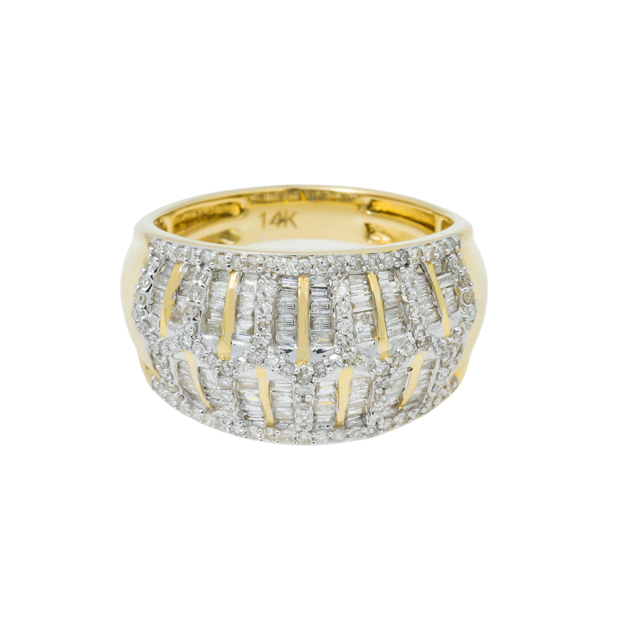 14K GOLD ROUND AND BAGUETTE DIAMOND STATEMENT BAND RING 1.18 CT
