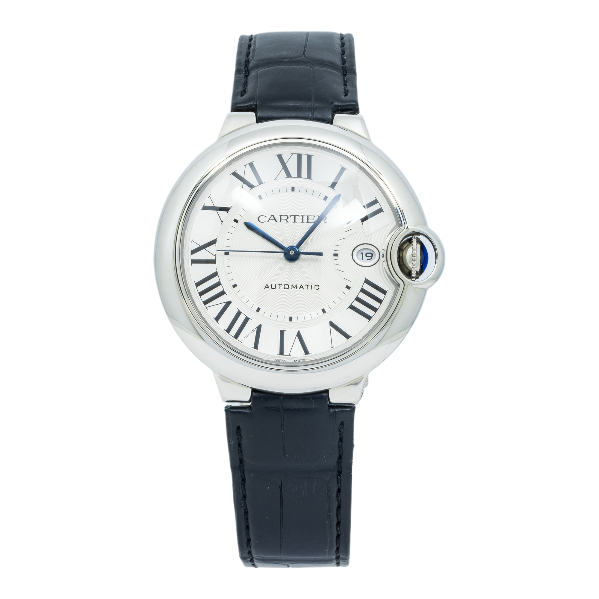 Cartier Ballon Bleu 36MM WSBB0028 Silver Roman Dial Black Leather Strap