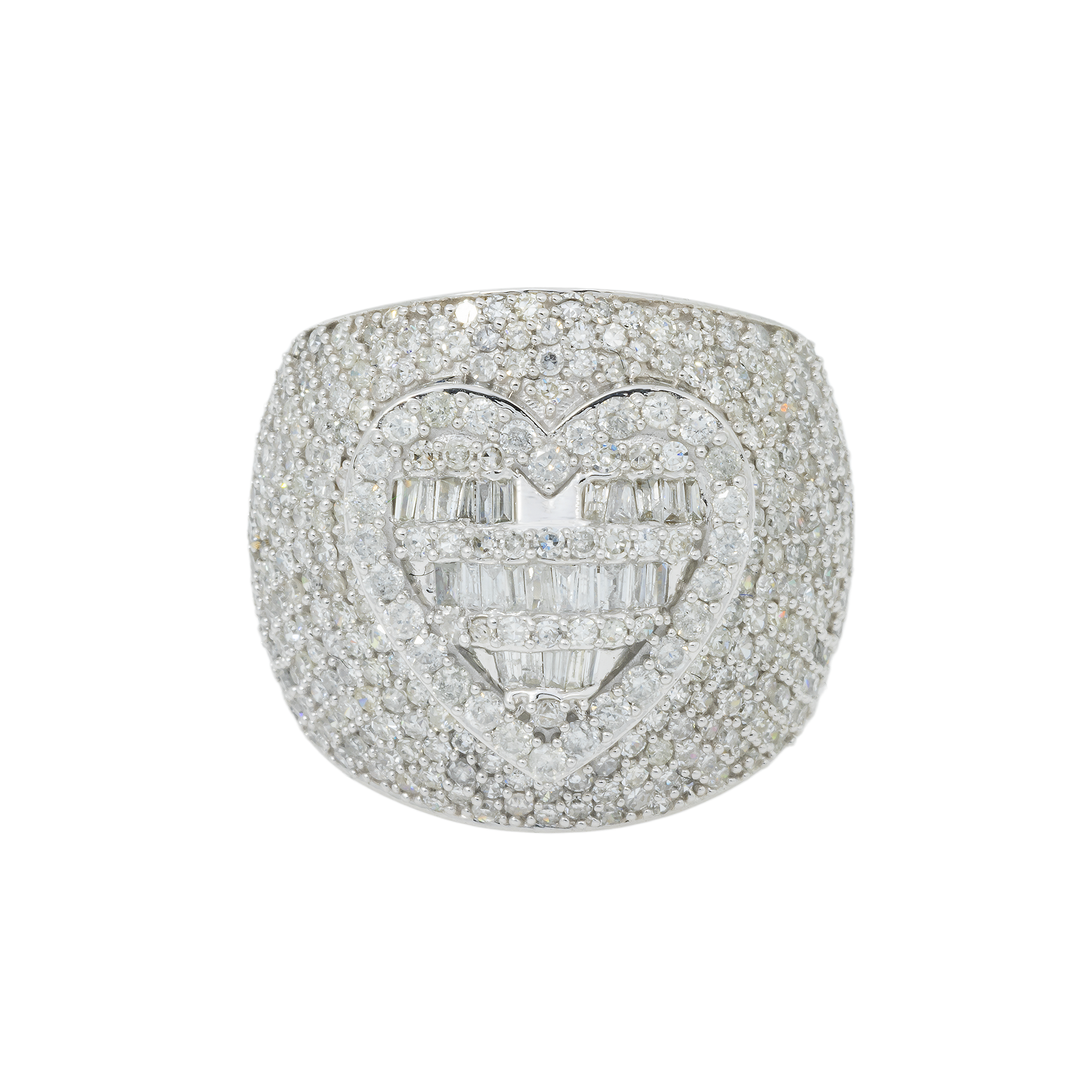 14K GOLD ROUND AND BAGUETTE DIAMOND HEART STATEMENT RING 2.88 CT