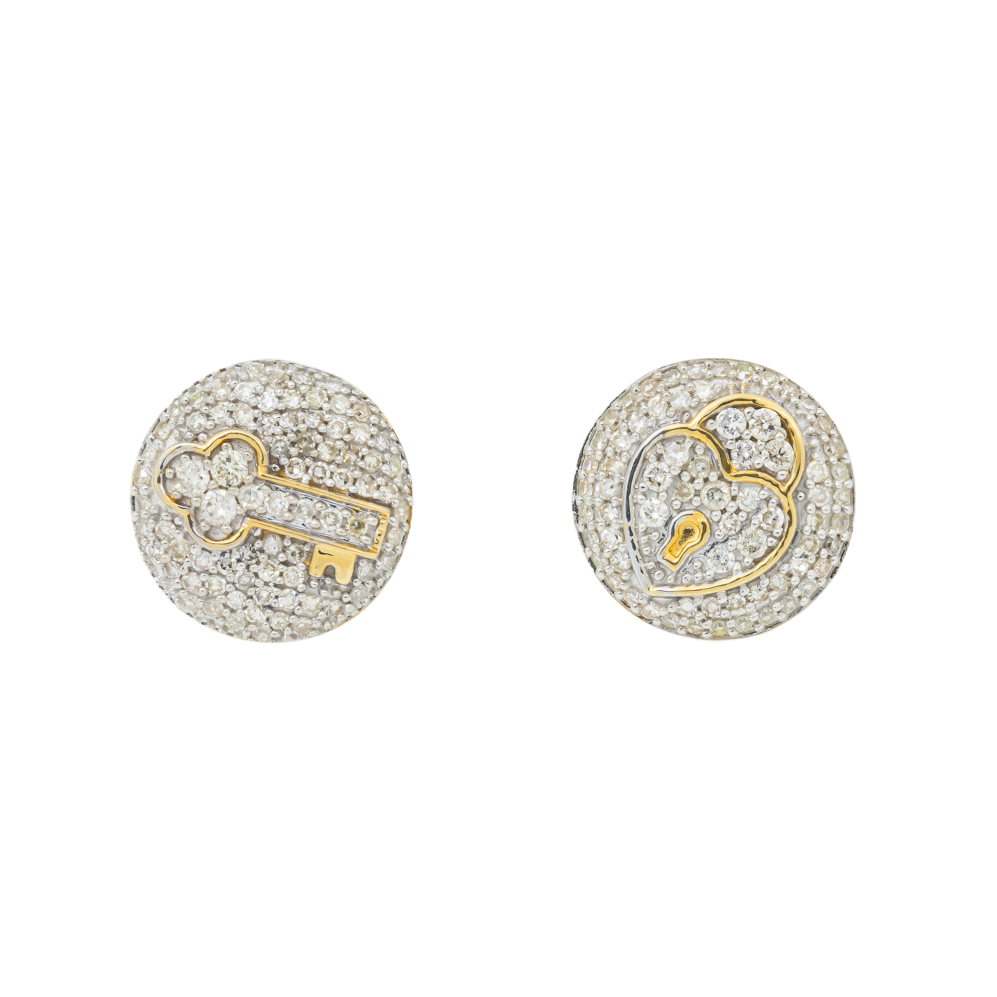 14K GOLD ROUND DIAMOND HEART LOCK AND KEY EARRINGS 0.85 CTW