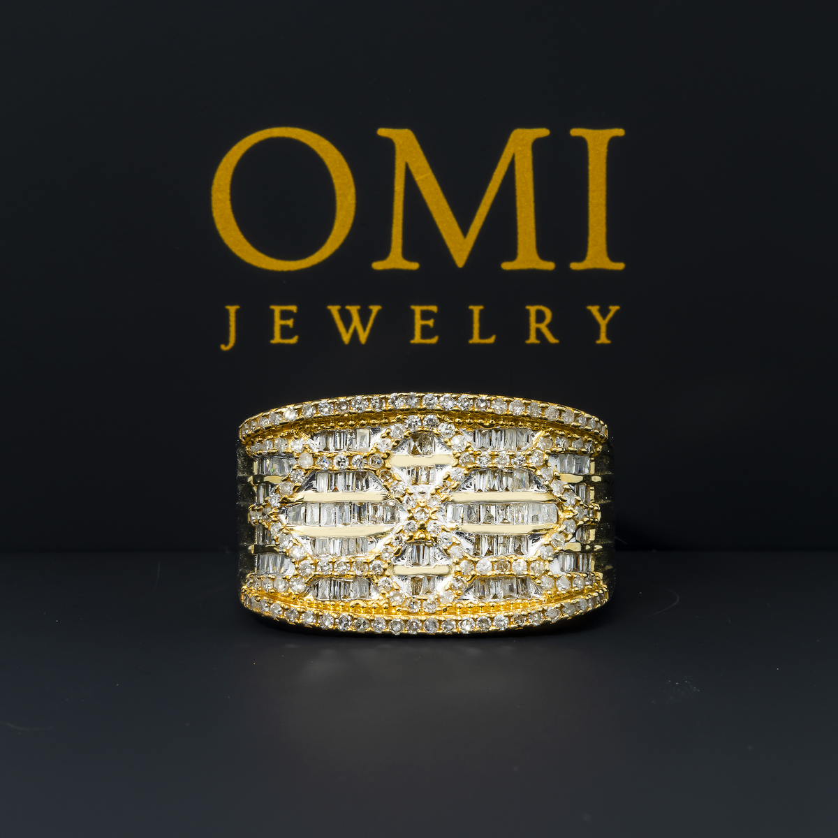 14K GOLD ROUND AND BAGUETTE DIAMOND STATEMENT BAND RING 1.08 CT