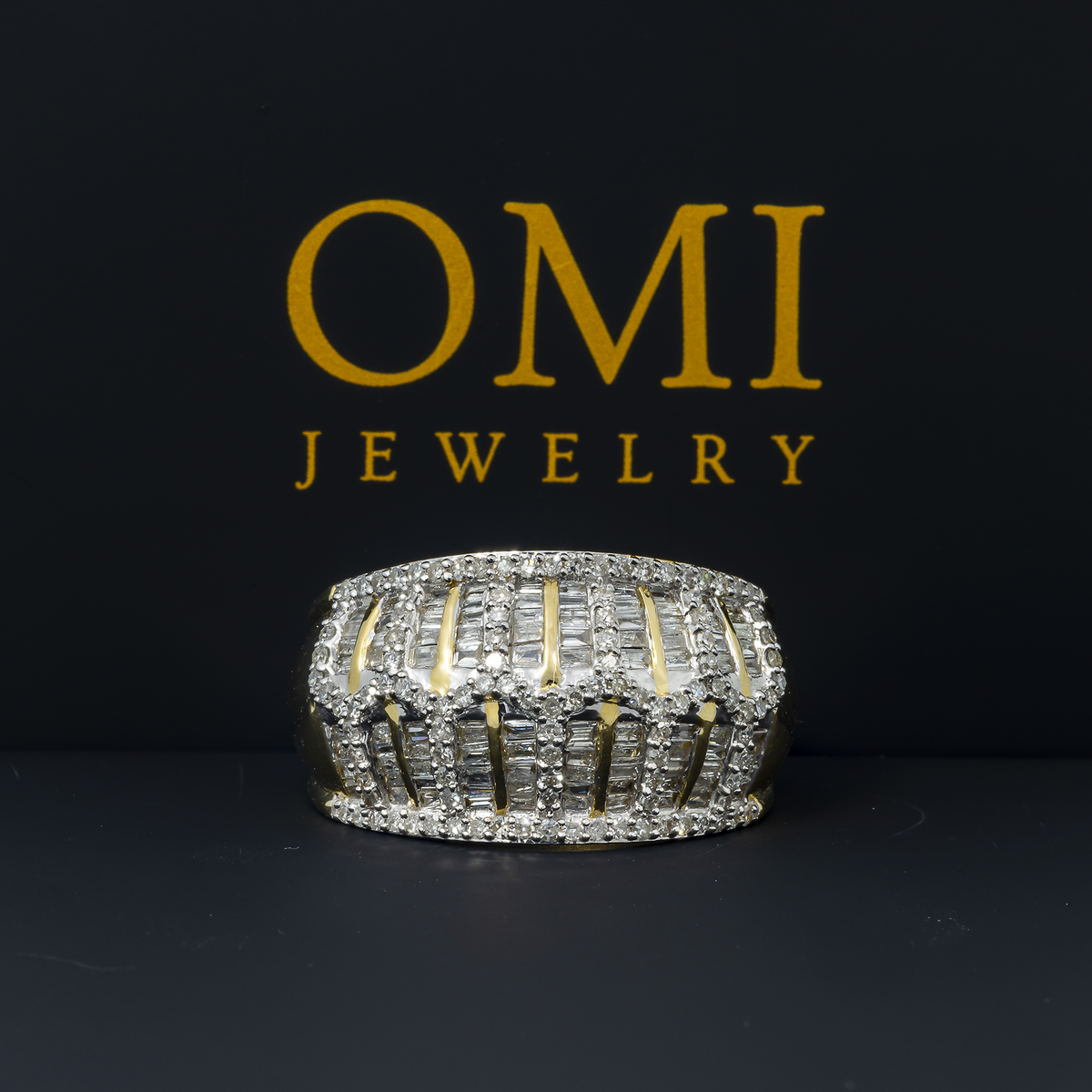 14K GOLD ROUND AND BAGUETTE DIAMOND STATEMENT BAND RING 1.18 CT