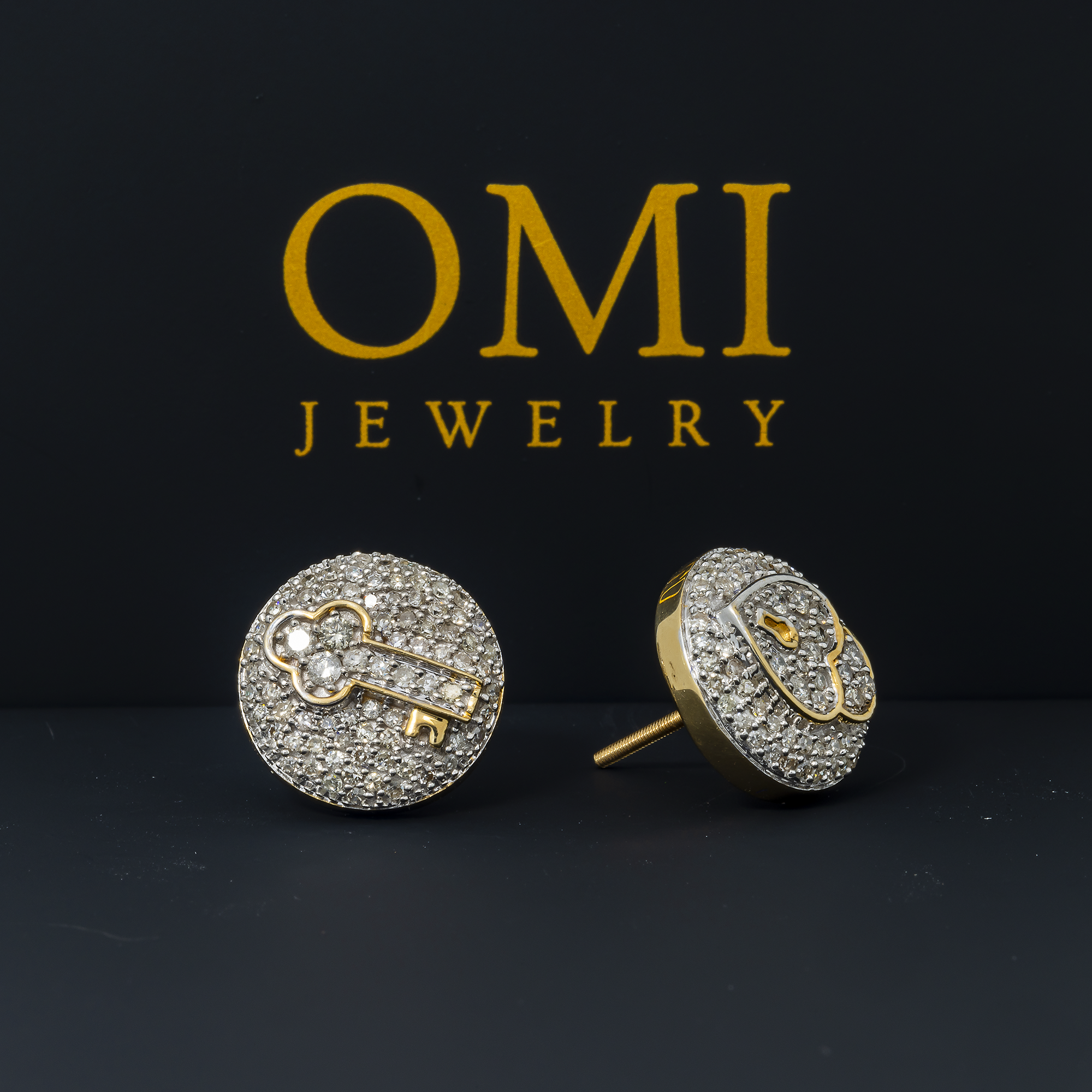 14K GOLD ROUND DIAMOND HEART LOCK AND KEY EARRINGS 0.85 CTW