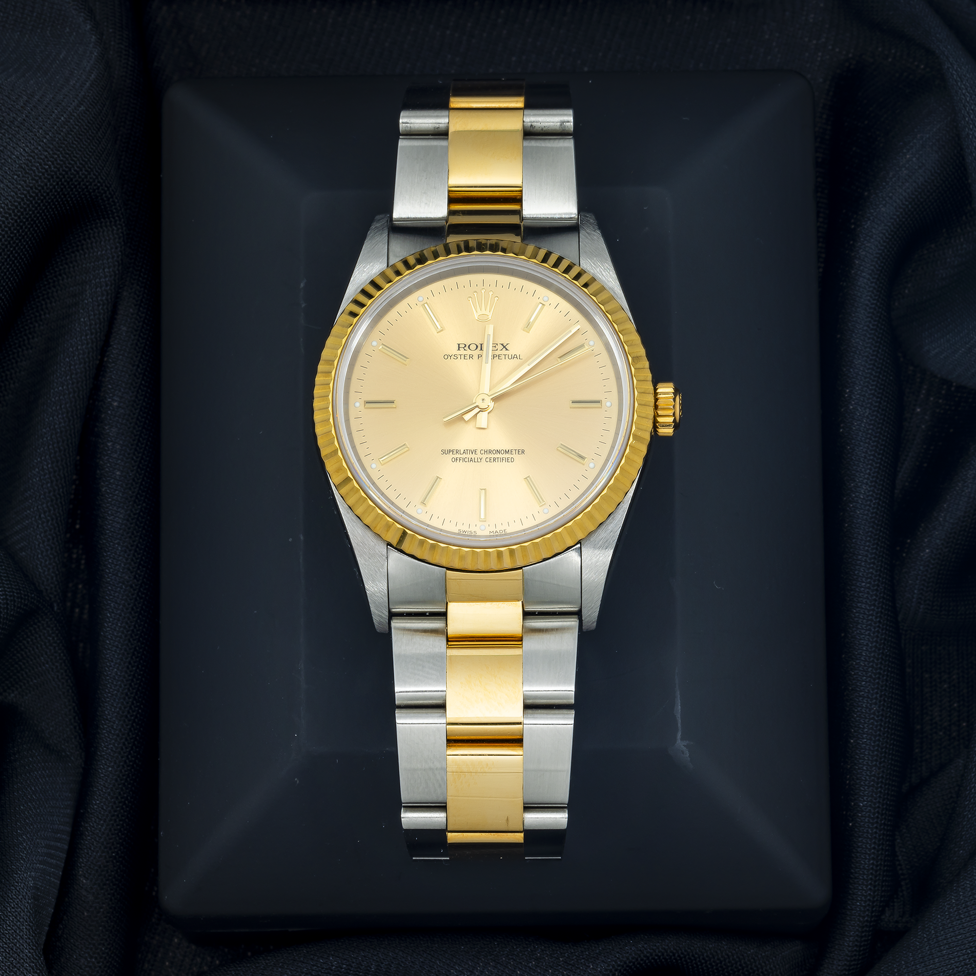 Rolex Oyster Perpetual 34MM 14233 Champagne Dial Fluted Bezel Two Tone Yellow Gold Oyster Bracelet