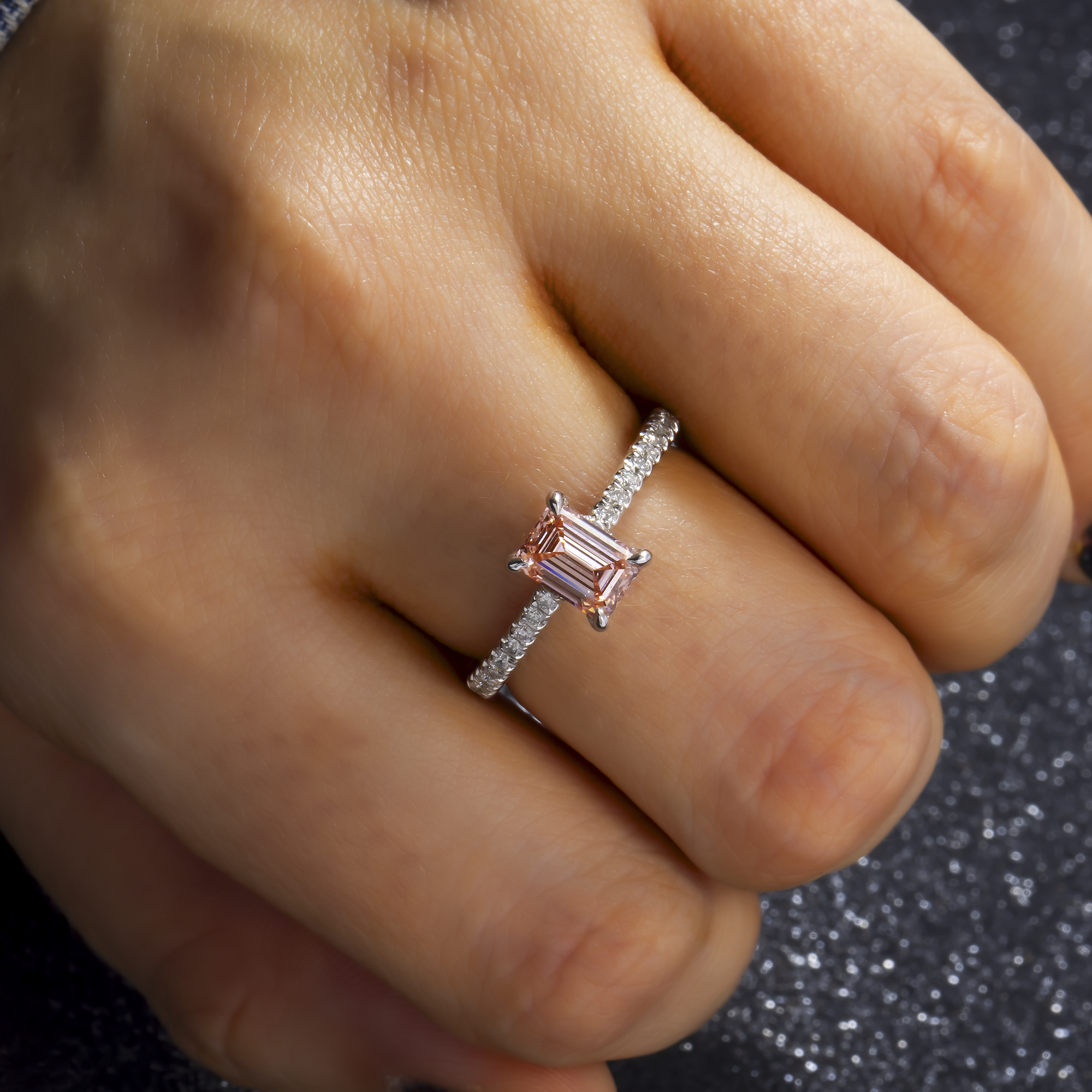 18K GOLD FANCY PINK EMERALD CUT LAB DIAMOND ENGAGEMENT RING CTW