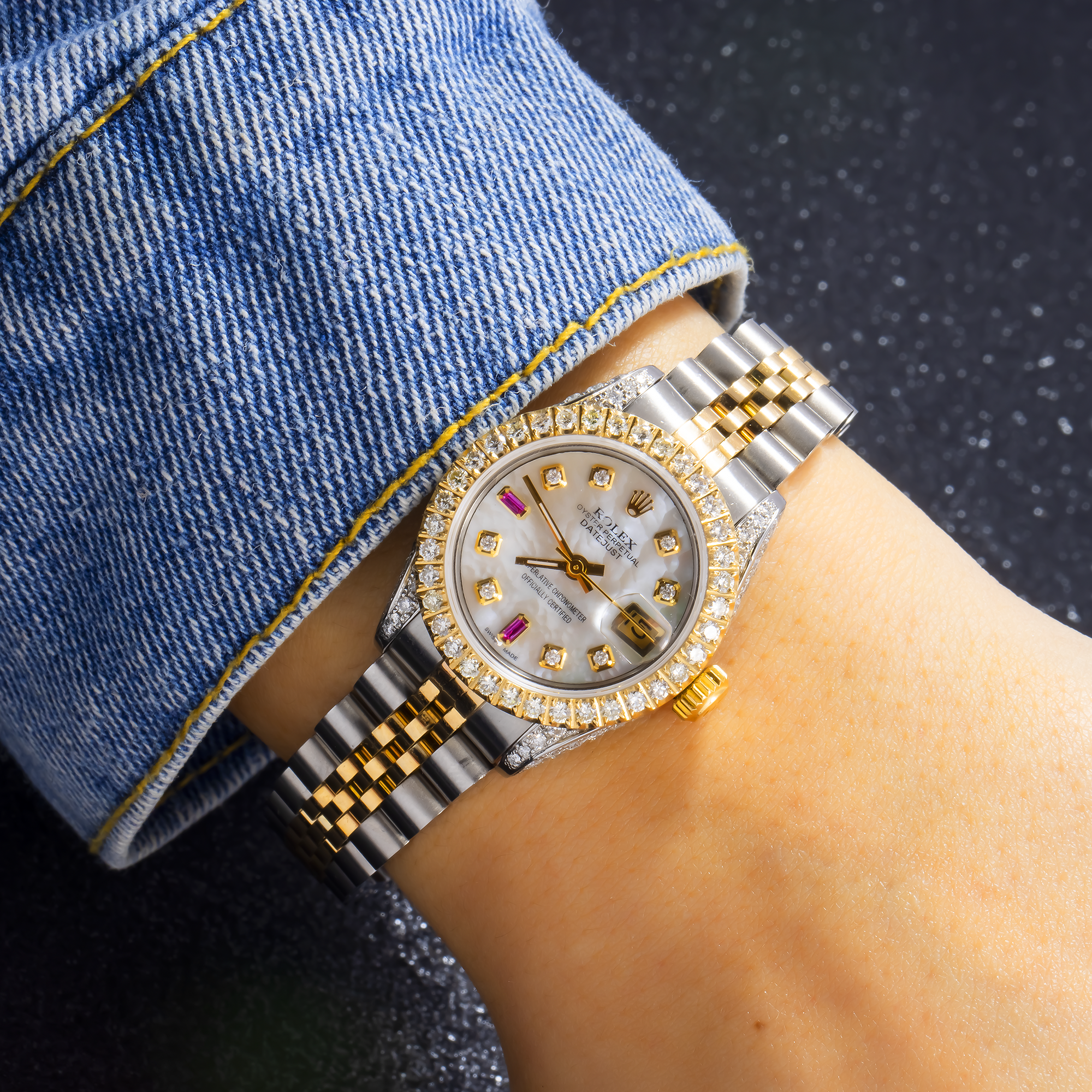 Rolex Datejust 26MM 6917 White Mother of Pearl Diamond Dial Diamond Bezel Two Tone Yellow Gold Jubilee Bracelet 2.75ct