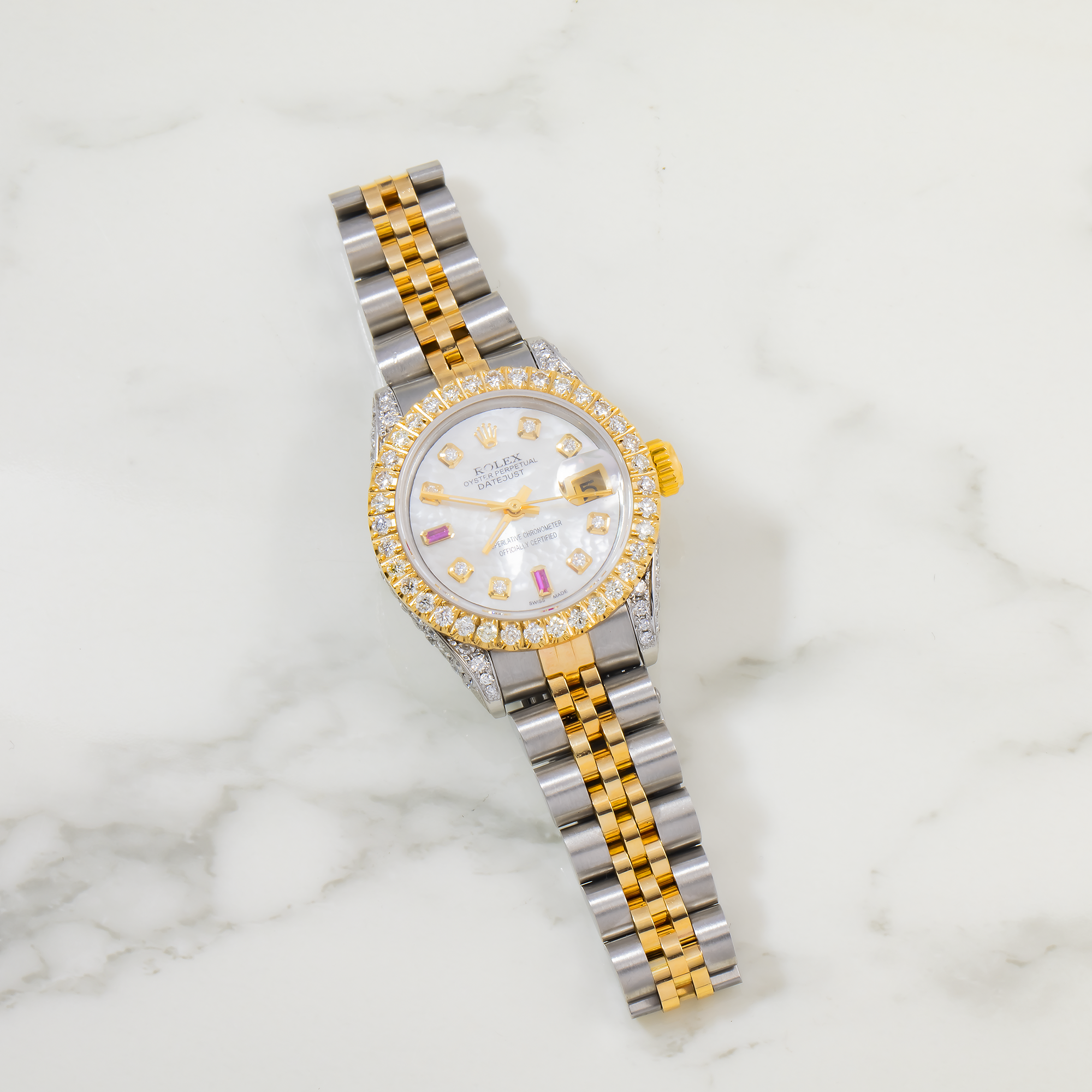 Rolex Datejust 26MM 6917 White Mother of Pearl Diamond Dial Diamond Bezel Two Tone Yellow Gold Jubilee Bracelet 2.75ct