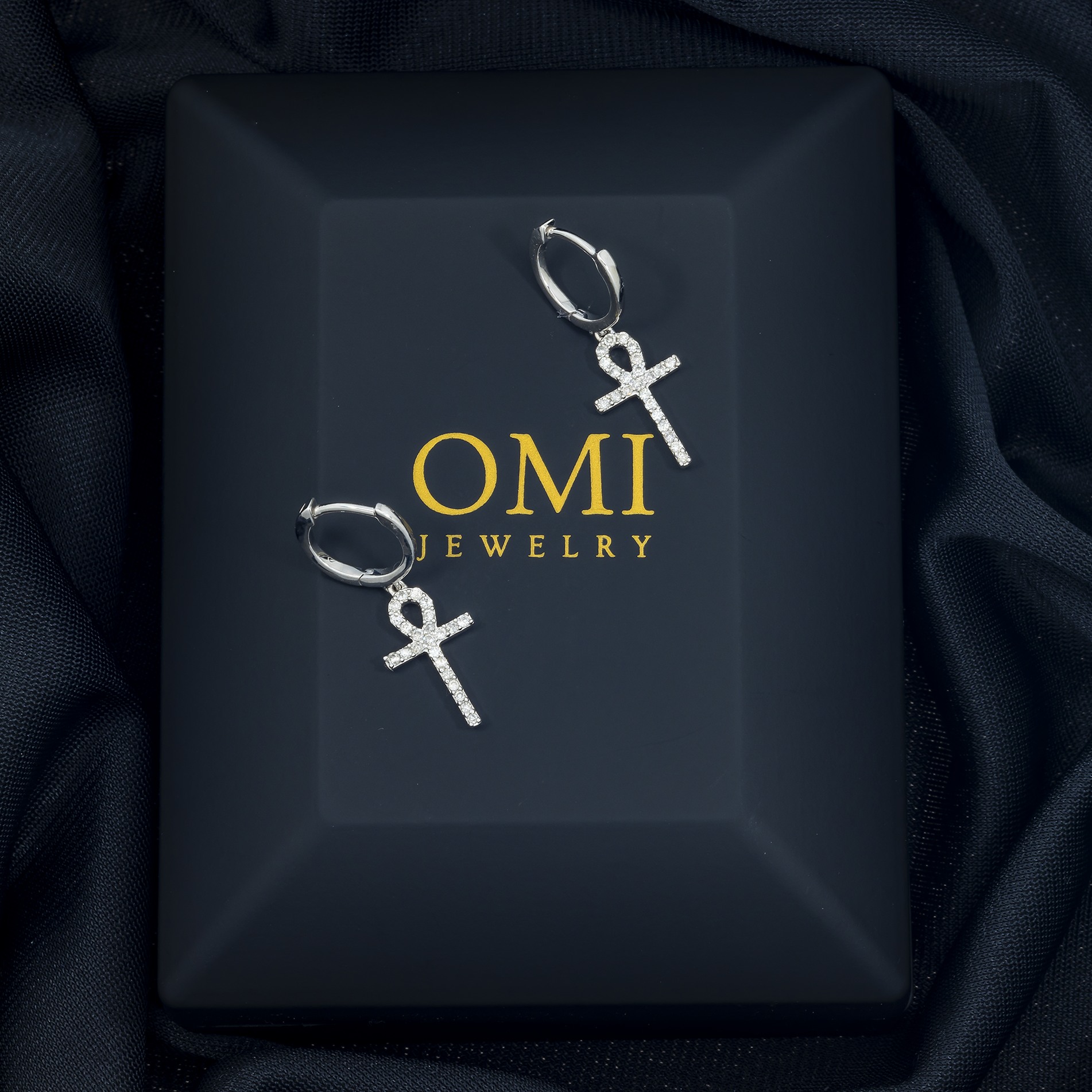 10K GOLD DIAMOND DANGLING ANKH EARRINGS 0.30 CTW