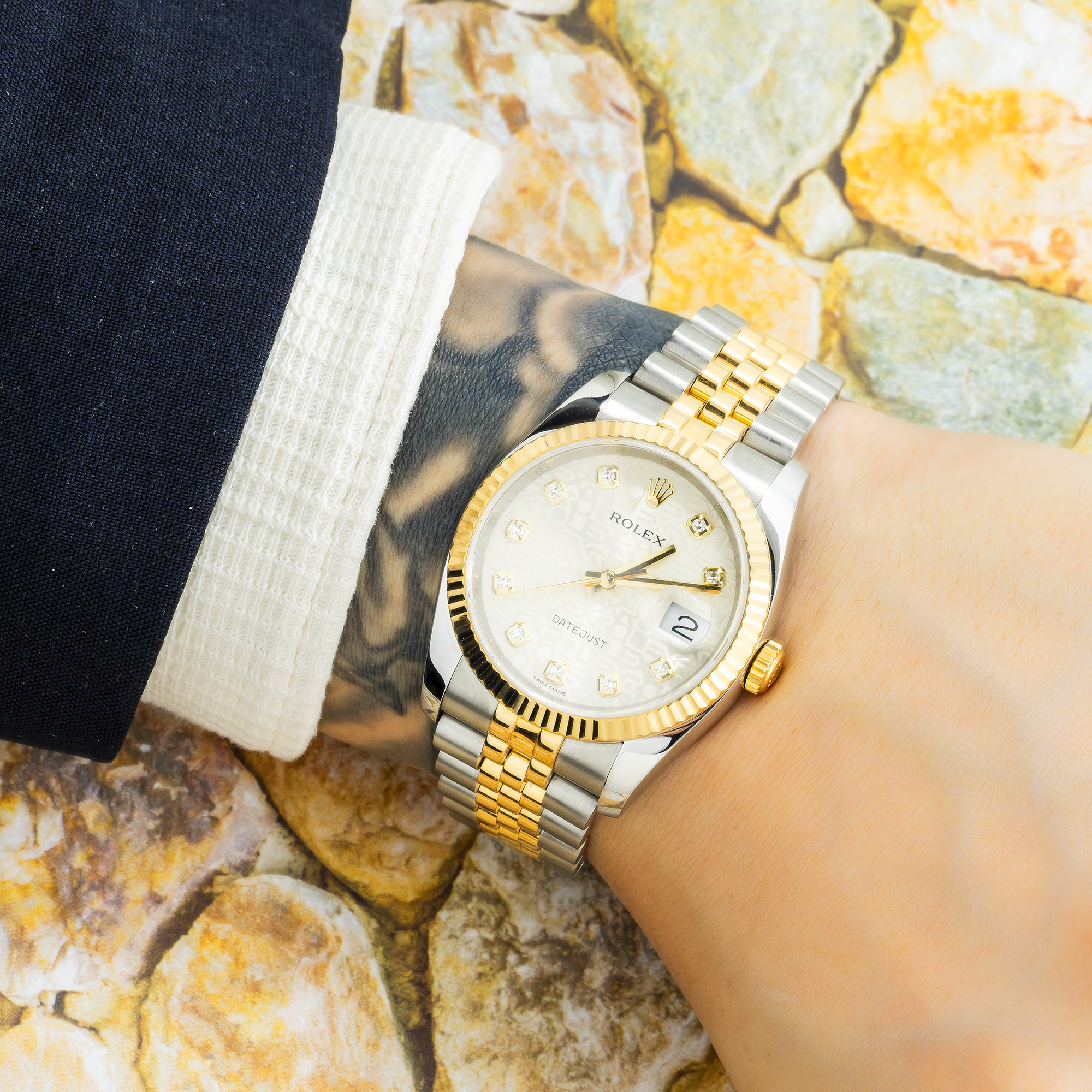 Rolex Datejust 36MM 116233 Silver Pattern Diamond Dial Fluted Bezel Two Tone Yellow Gold Jubilee Bracelet