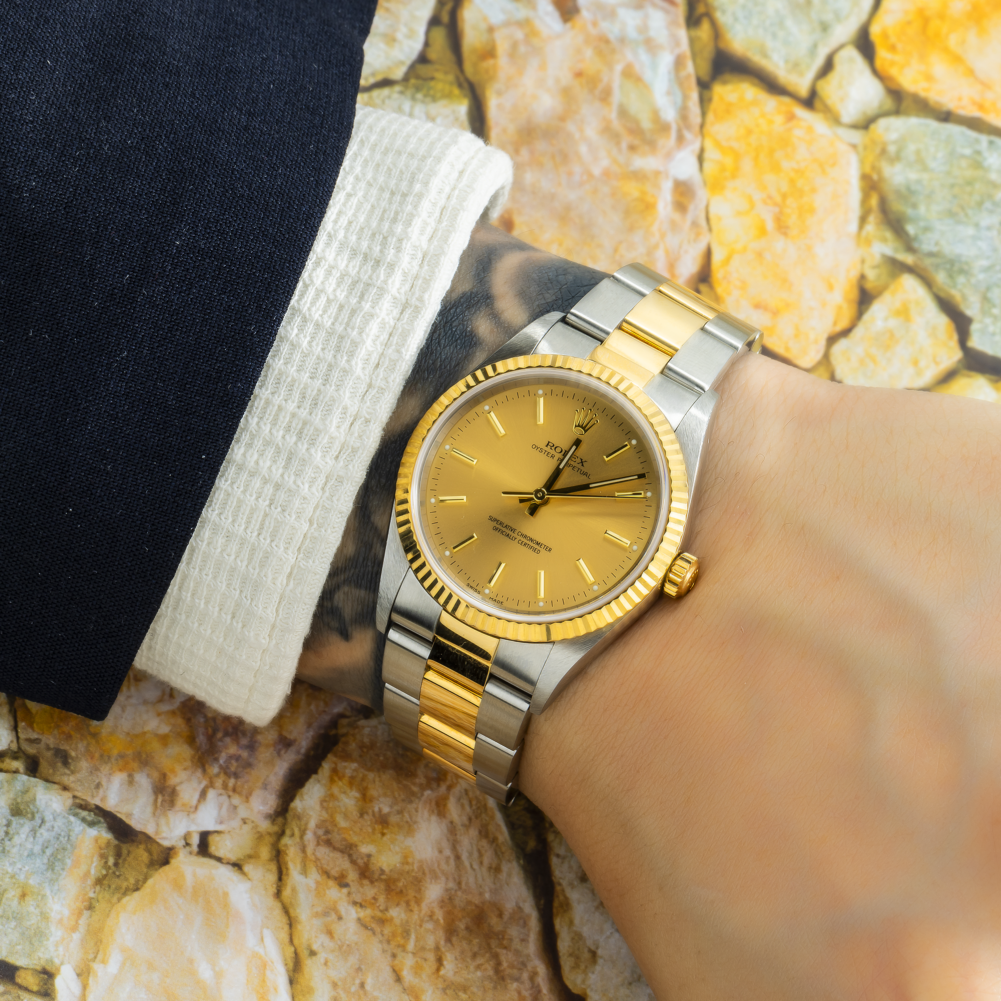 Rolex Oyster Perpetual 34MM 14233 Champagne Dial Fluted Bezel Two Tone Yellow Gold Oyster Bracelet