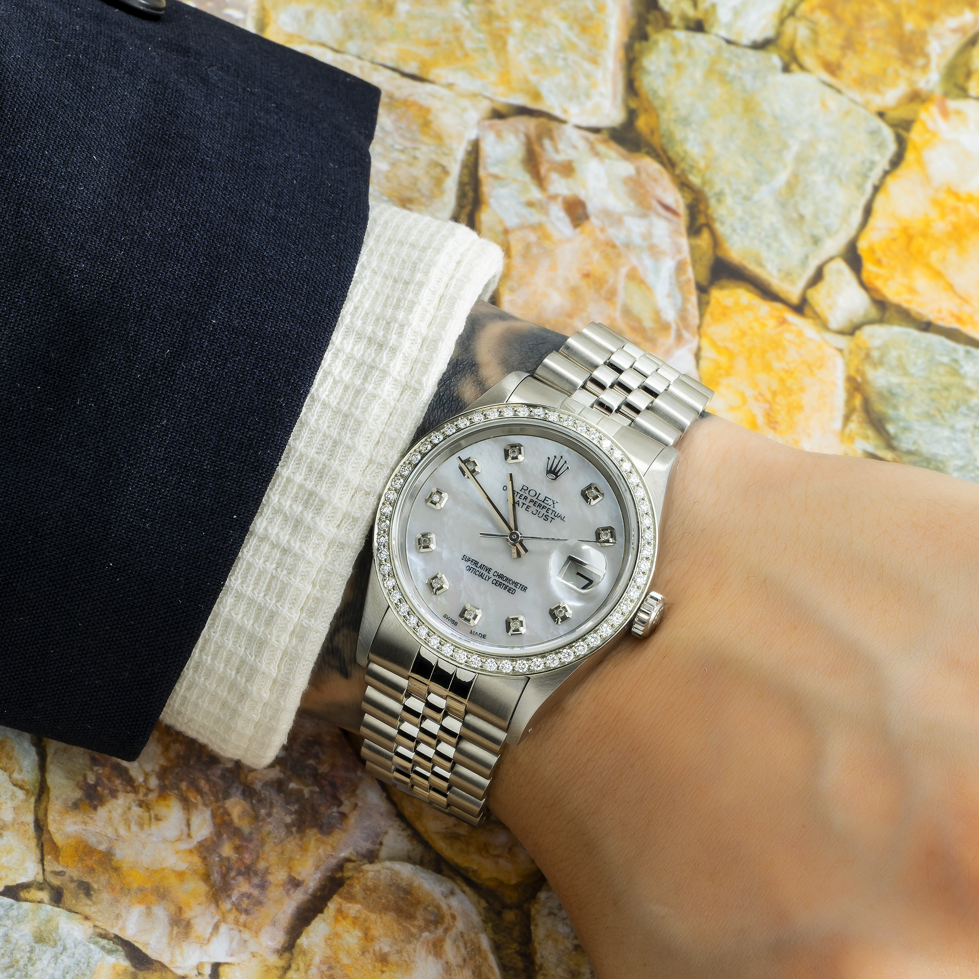 Rolex Datejust 36MM 16234 White Mother of Pearl Diamond Dial Diamond Bezel Stainless Steel Jubilee Bracelet