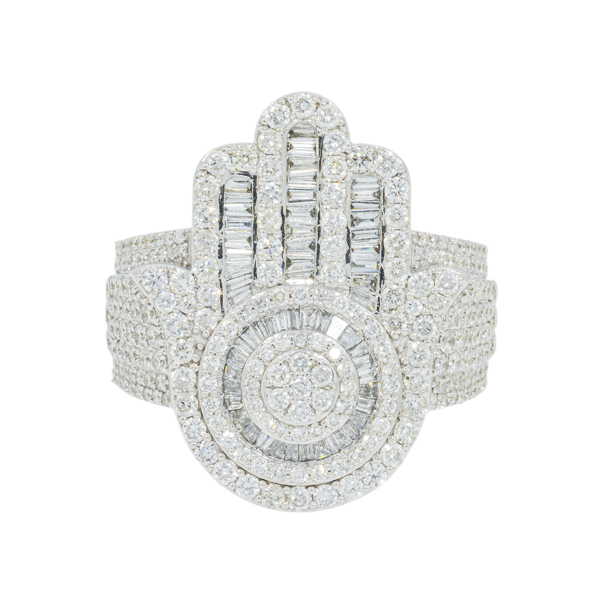 10K GOLD ROUND AND BAGUETTE DIAMOND HAMSA STATEMENT RING 3.18 CT