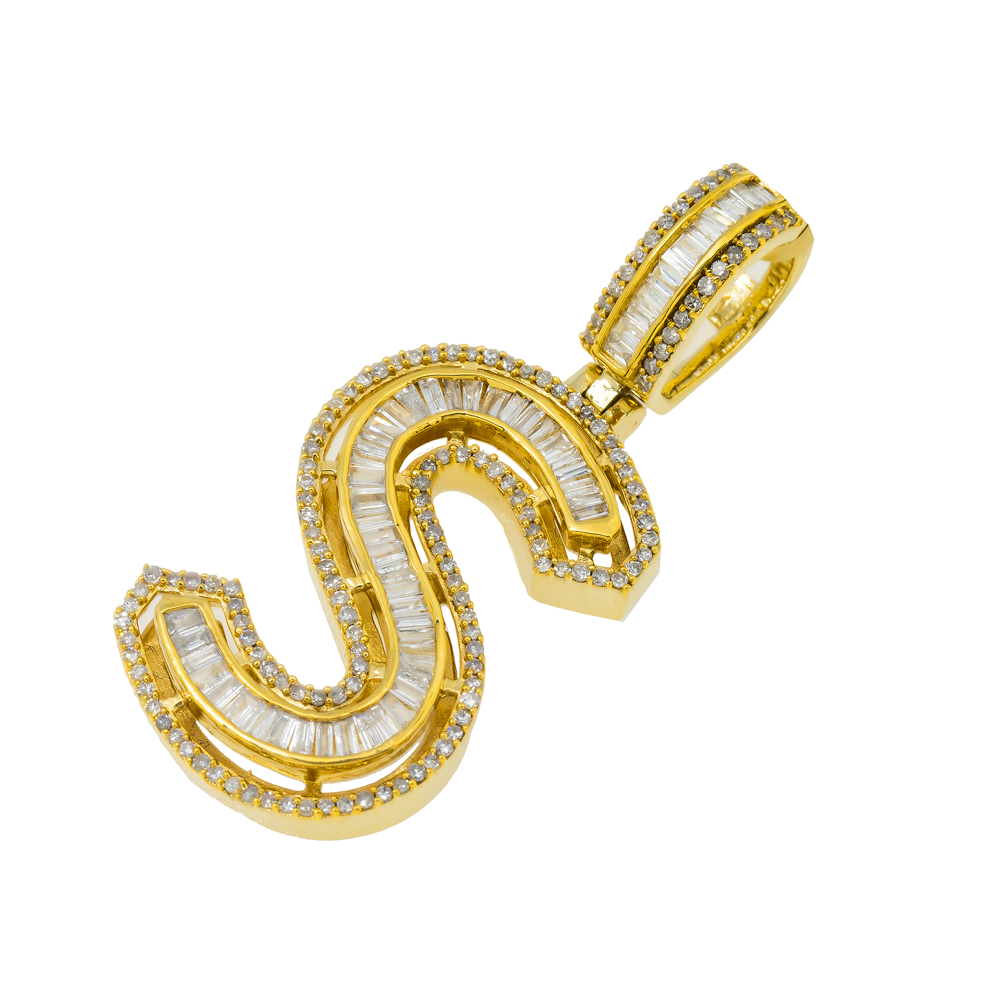 14K GOLD BAGUETTE AND ROUND DIAMOND INITIAL S PENDANT 0.85 CT