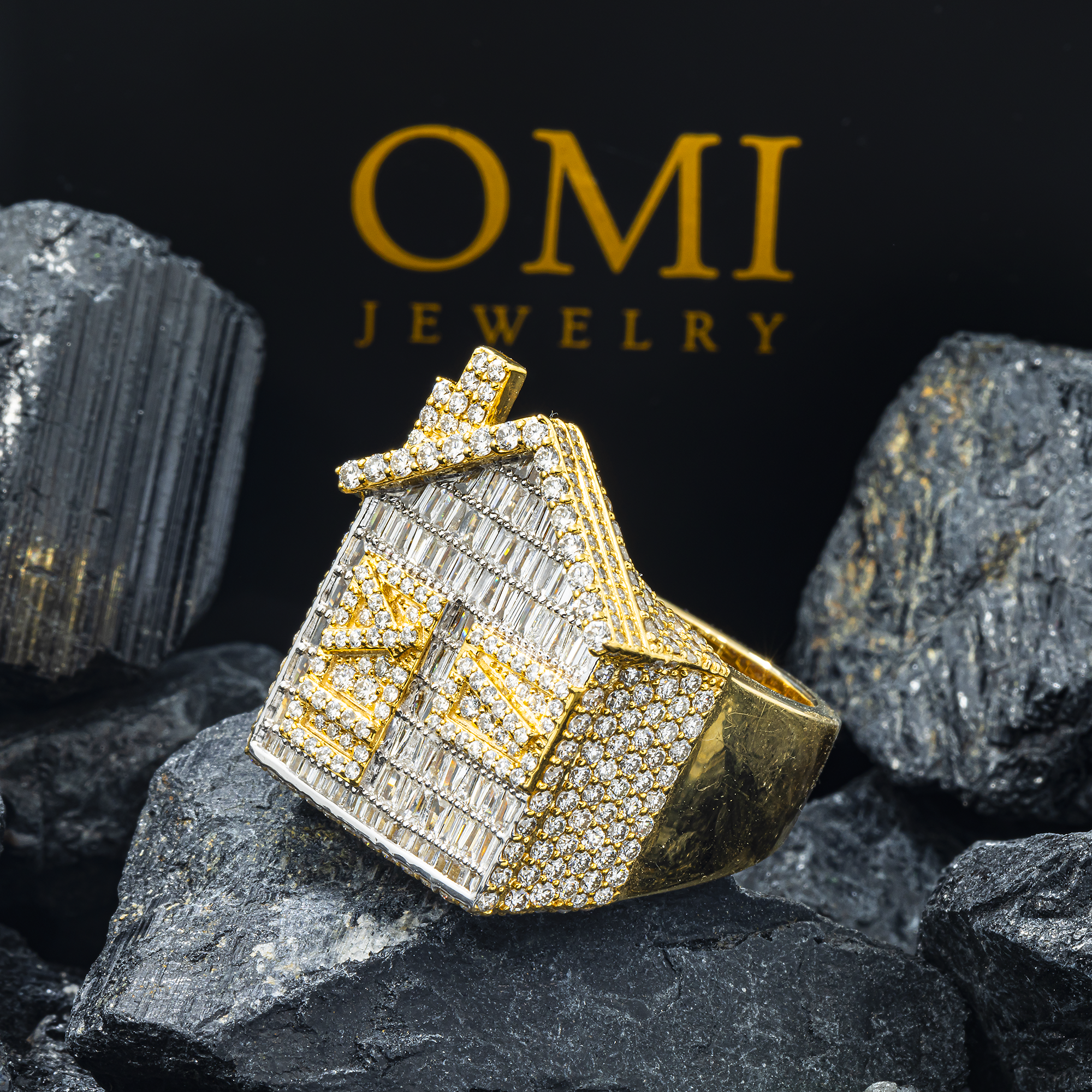 10K GOLD ROUND AND BAGUETTE DIAMOND TRAP HOUSE STATEMENT RING 4.14 CT