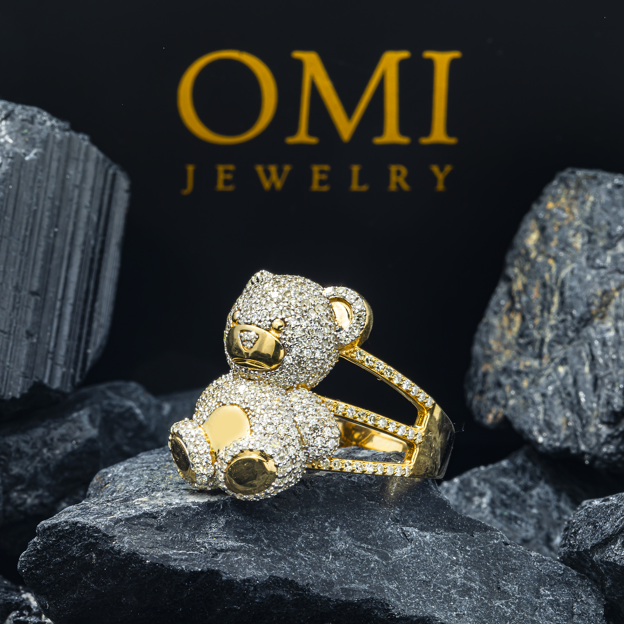 10K GOLD ROUND AND BAGUETTE DIAMOND TEDDY BEAR STATEMENT RING 1.35 CT