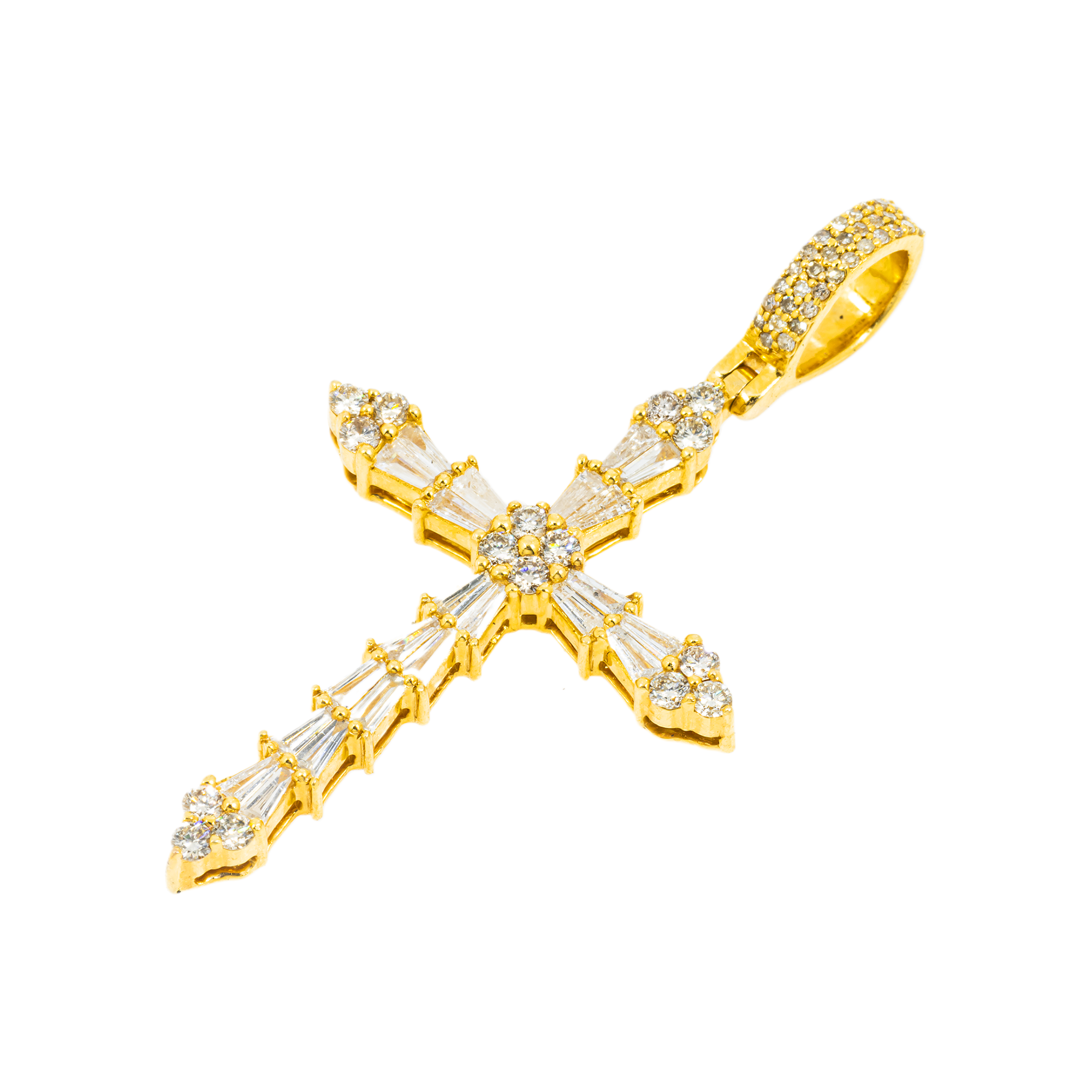 14K GOLD BAGUETTE AND ROUND DIAMOND CROSS PENDANT 2.09 CT