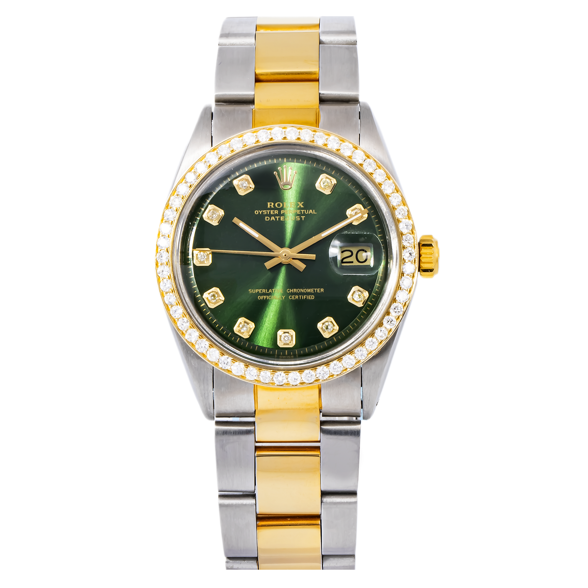Rolex Datejust 36MM 1601 Green Diamond Dial Diamond Bezel Two Tone Oyster Bracelet