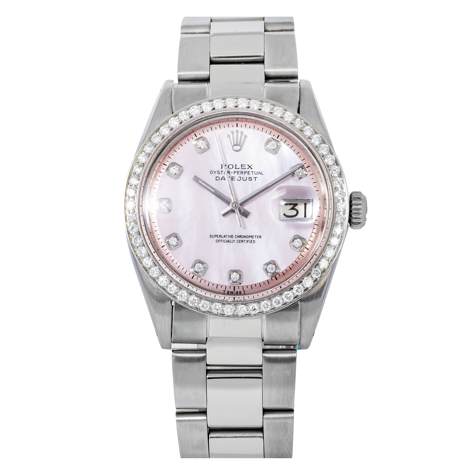 Rolex Datejust 36MM 1601 Pink Mother of Pearl Diamond Dial Diamond Bezel Stainless Steel Oyster Bracelet