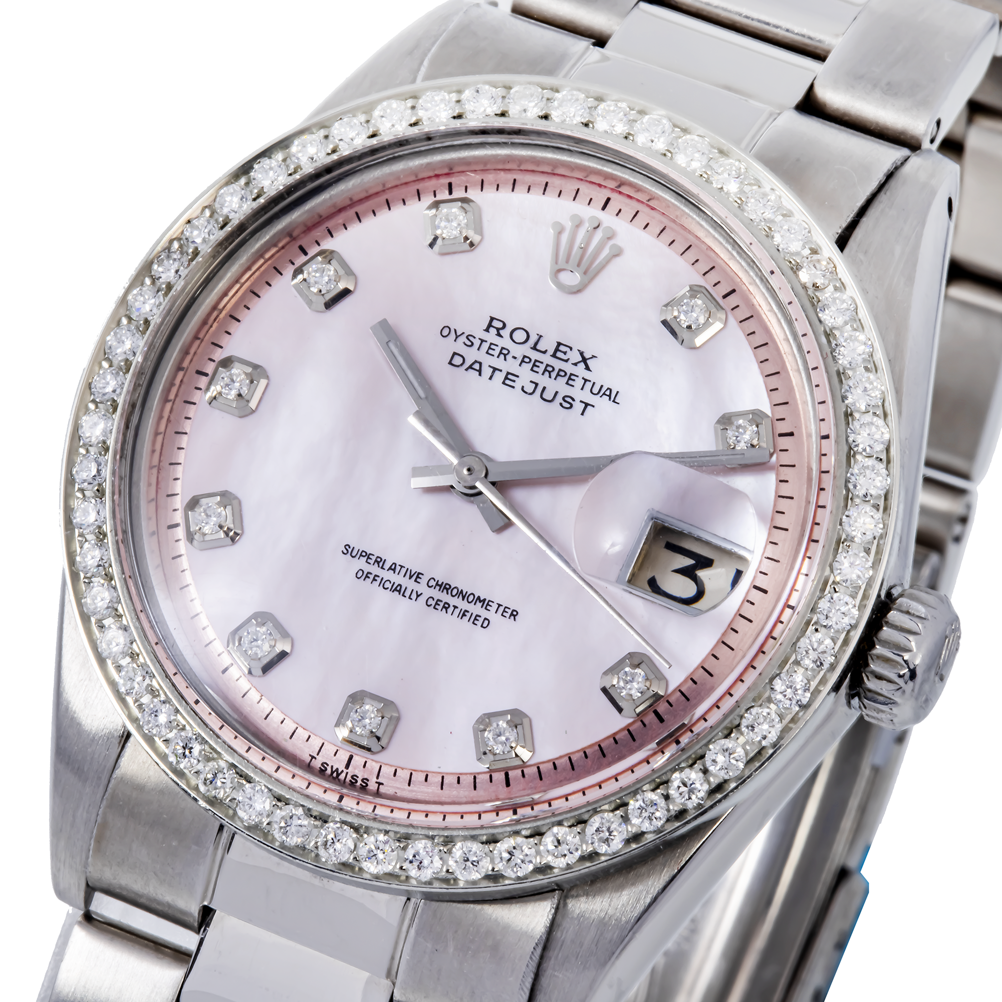 Rolex Datejust 36MM 1601 Pink Mother of Pearl Diamond Dial Diamond Bezel Stainless Steel Oyster Bracelet