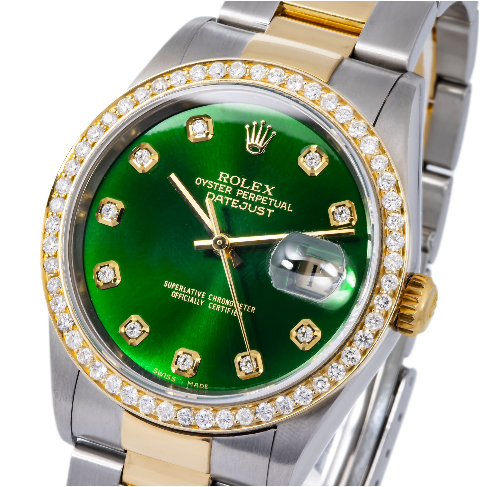 Rolex Datejust 36MM 16203 Green Diamond Dial Diamond Bezel Two Tone Yellow Gold Oyster Bracelet