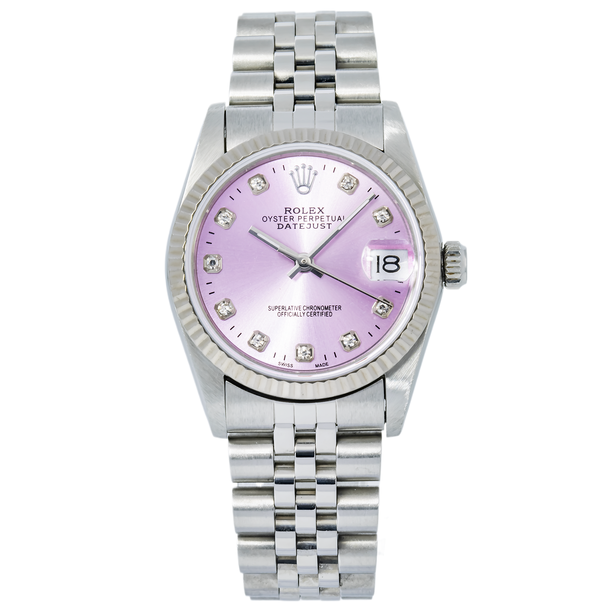 Rolex Datejust 31MM 68274 Light Purple Diamond Dial White Gold Fluted Bezel Stainless Steel Jubilee Bracelet