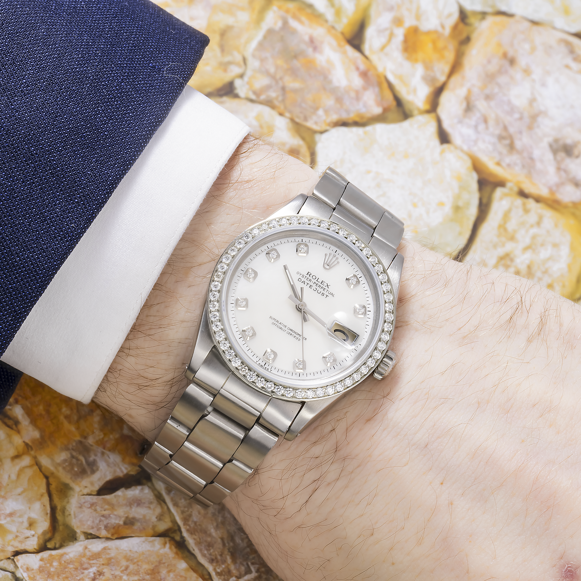 Rolex Datejust 36MM 1601 White Diamond Dial Diamond Bezel Stainless Steel Oyster Bracelet