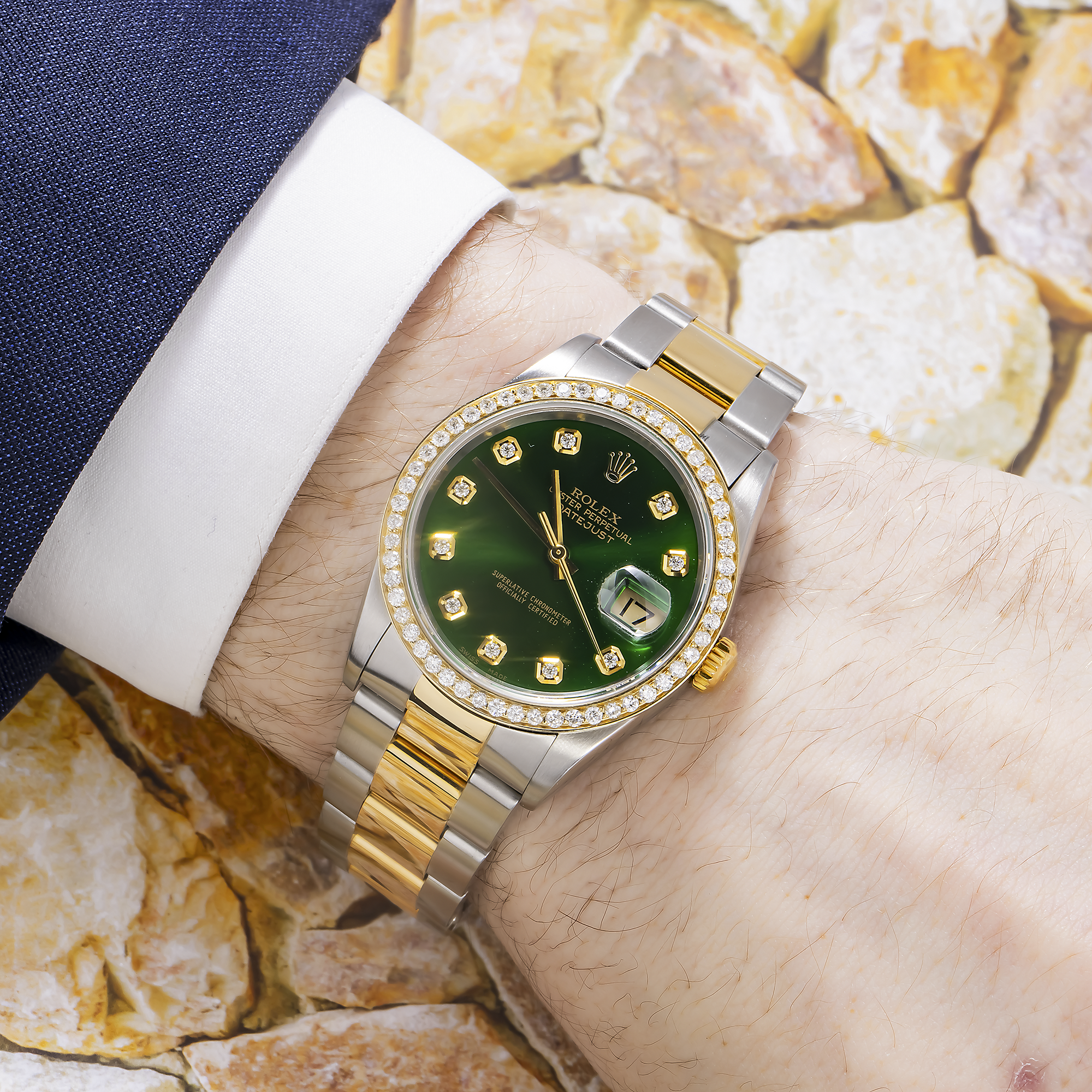 Rolex Datejust 36MM 1601 Green Diamond Dial Diamond Bezel Two Tone Yellow Gold Oyster Bracelet