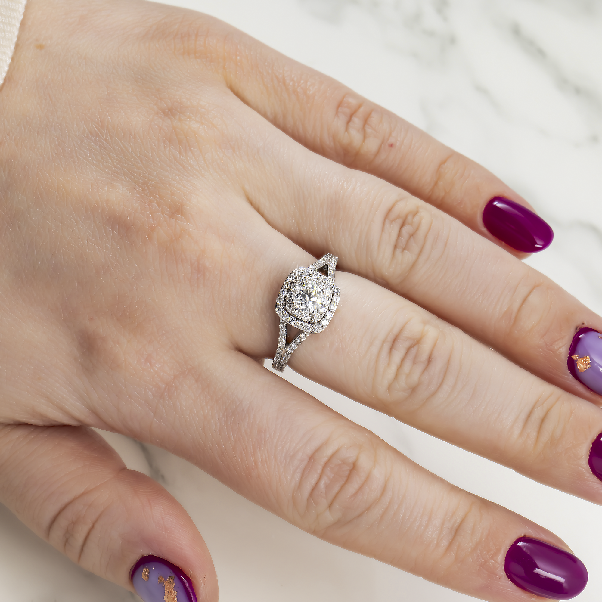14K GOLD CUSHION CUT HALO DIAMOND ENGAGEMENT RING 0.89 CTW