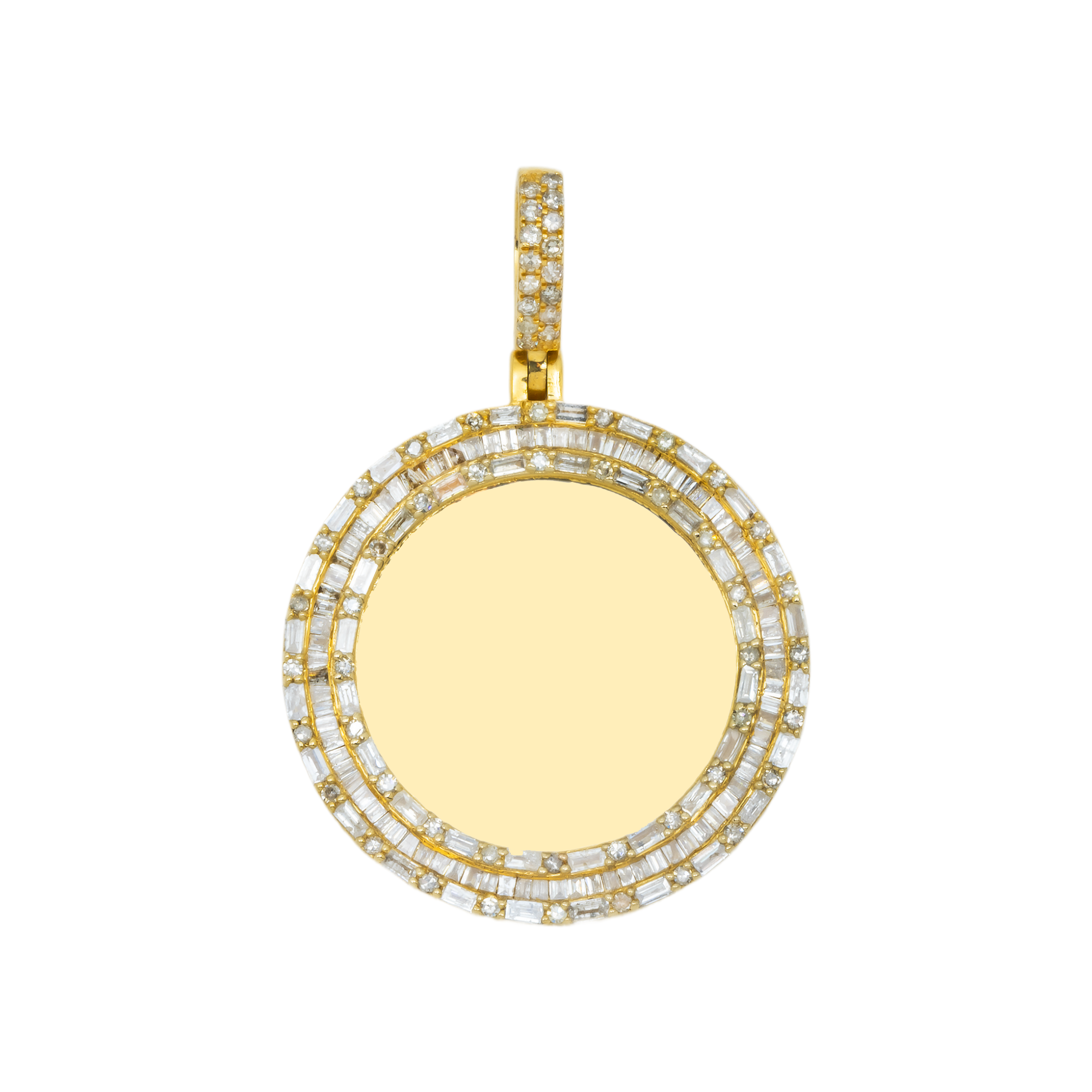 10K GOLD BAGUETTE AND ROUND DIAMOND CIRCLE PICTURE PENDANT 1.90 CT