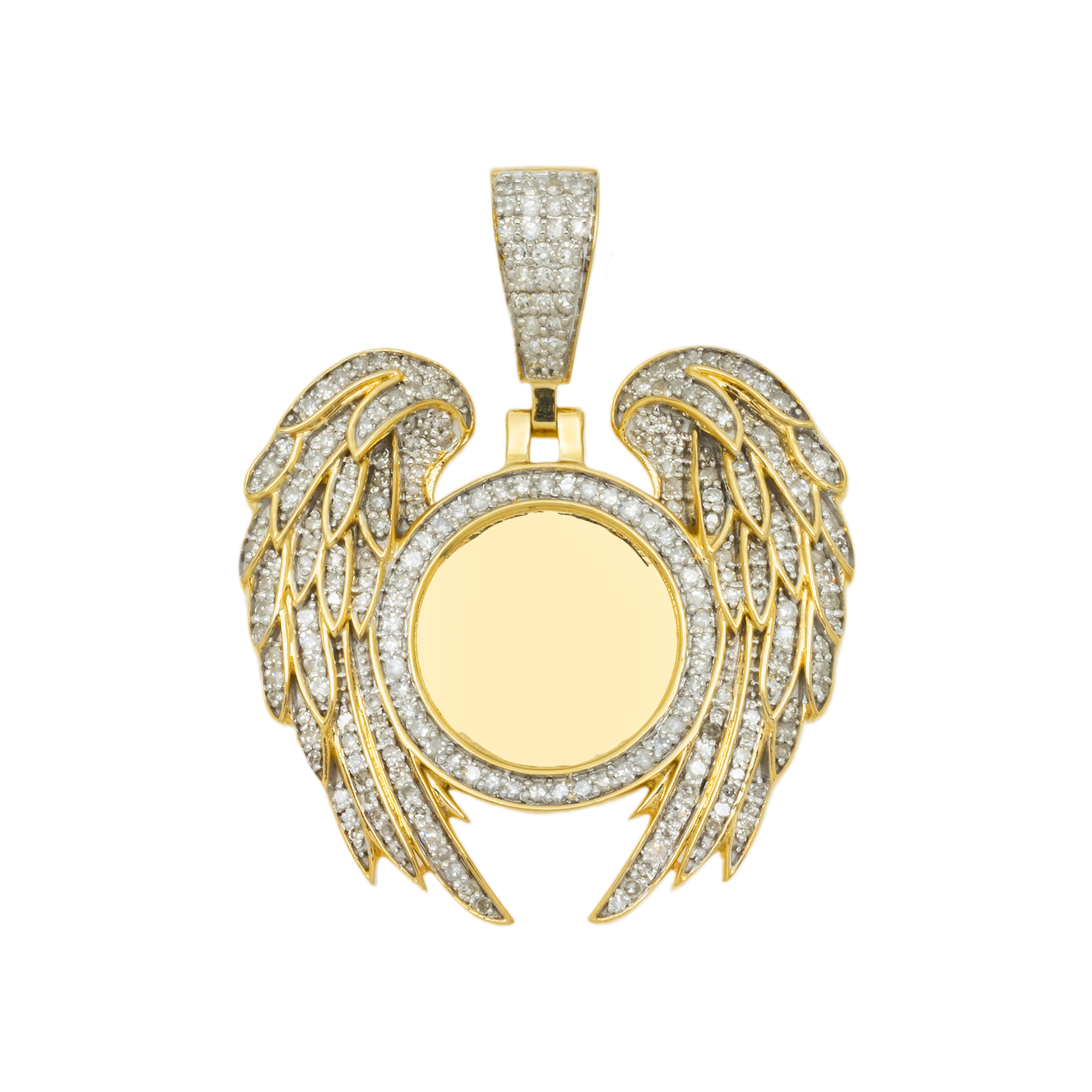 10K GOLD DIAMOND CIRCLE WITH ANGEL WINGS PICTURE PENDANT 0.93 CT