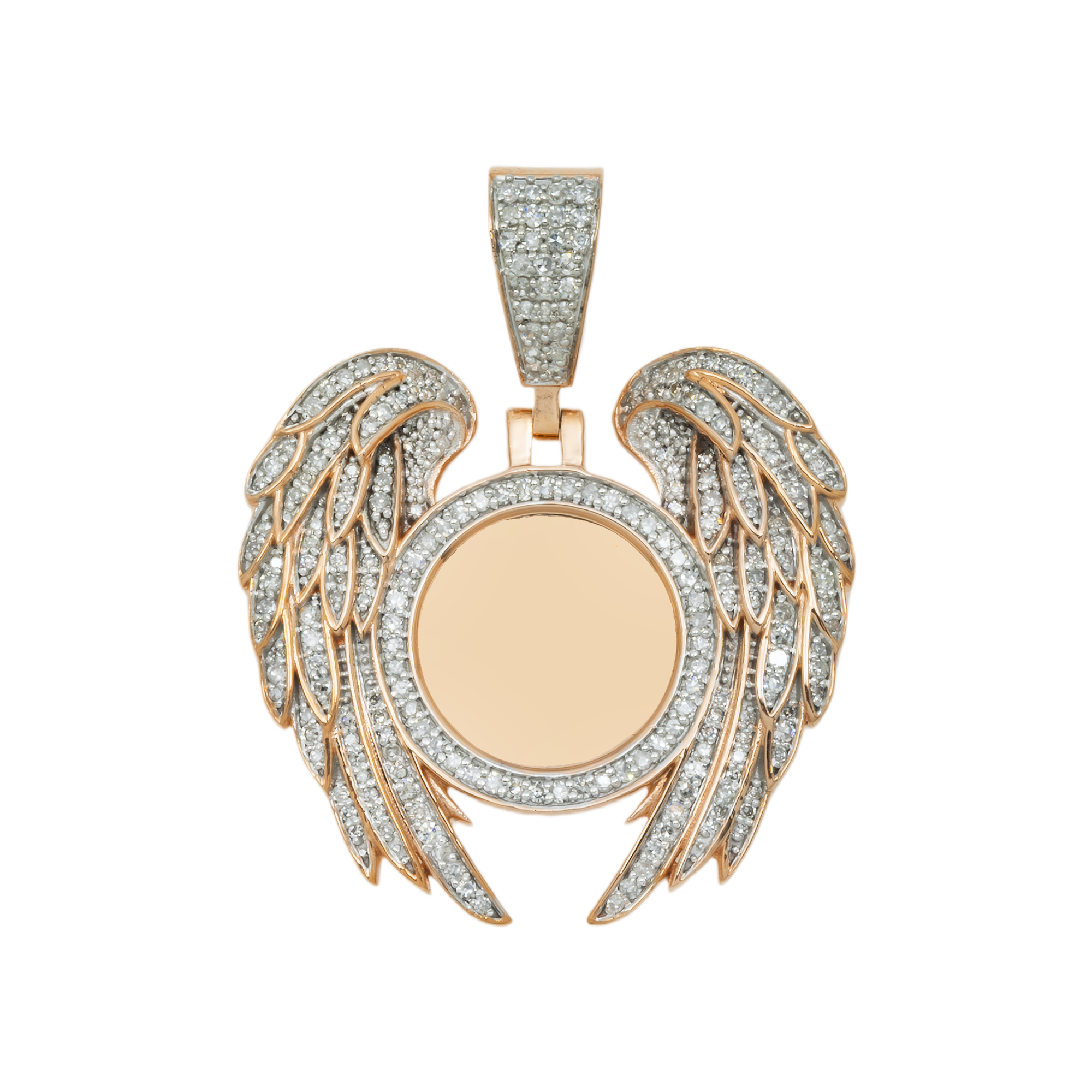 10K GOLD DIAMOND CIRCLE WITH ANGEL WINGS PICTURE PENDANT 0.93 CT