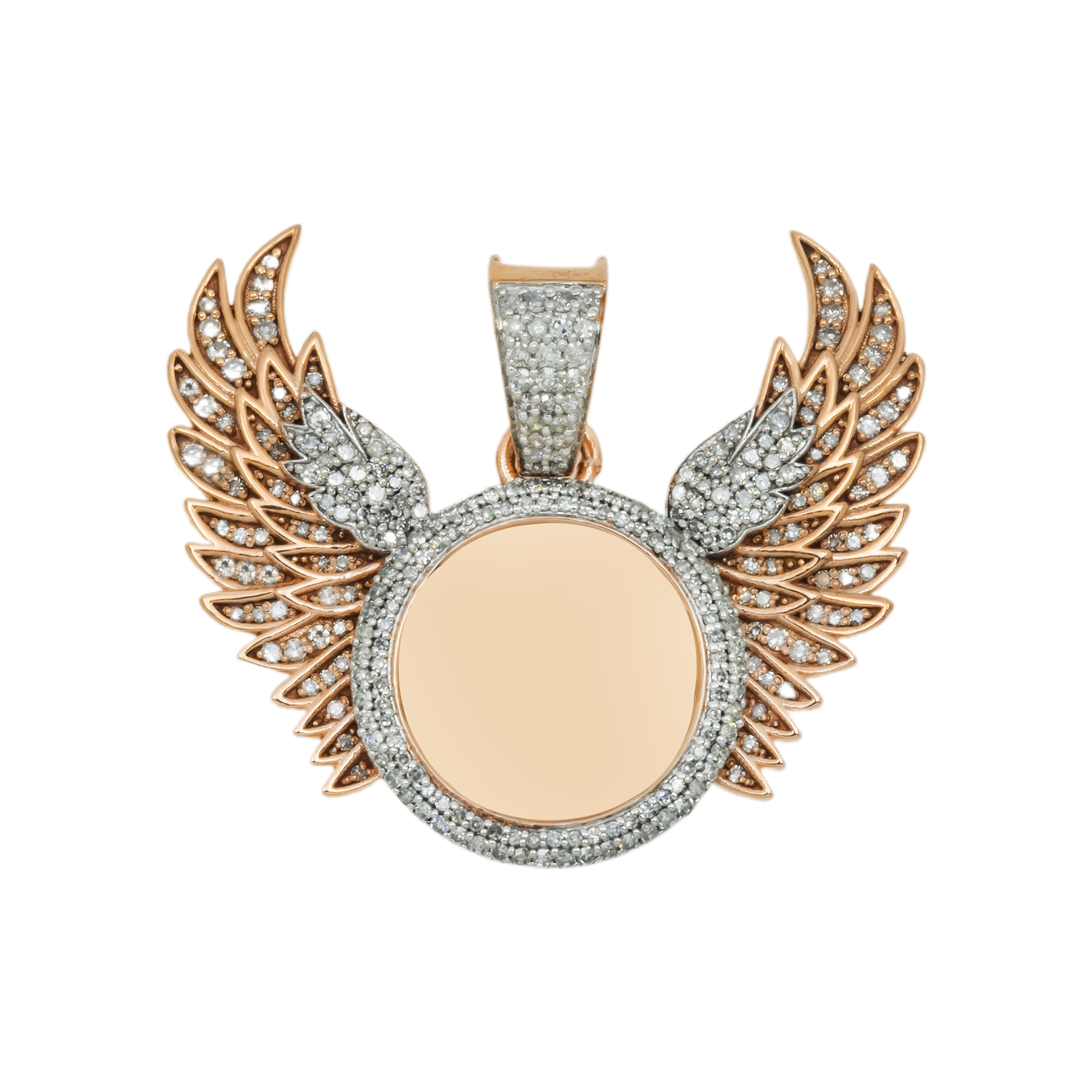 10K GOLD DIAMOND CIRCLE WITH ANGEL WINGS PICTURE PENDANT 0.93 CT