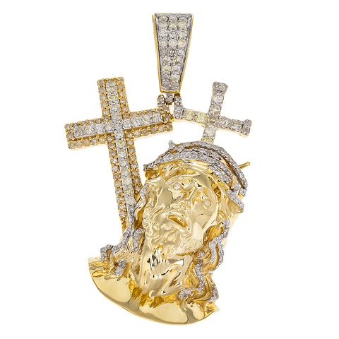 14K GOLD DIAMOND JESUS HEAD WITH CROSSES PENDANT 1.53 CT