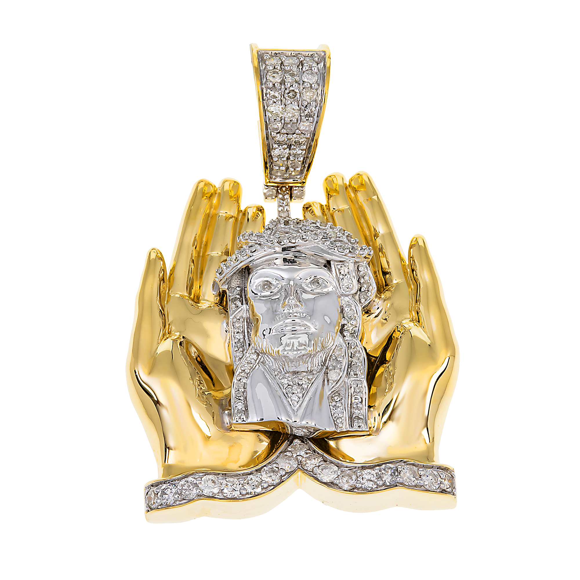 14K GOLD TWO TONE DIAMOND JESUS HEAD IN PRAYING HANDS PENDANT 0.97 CT