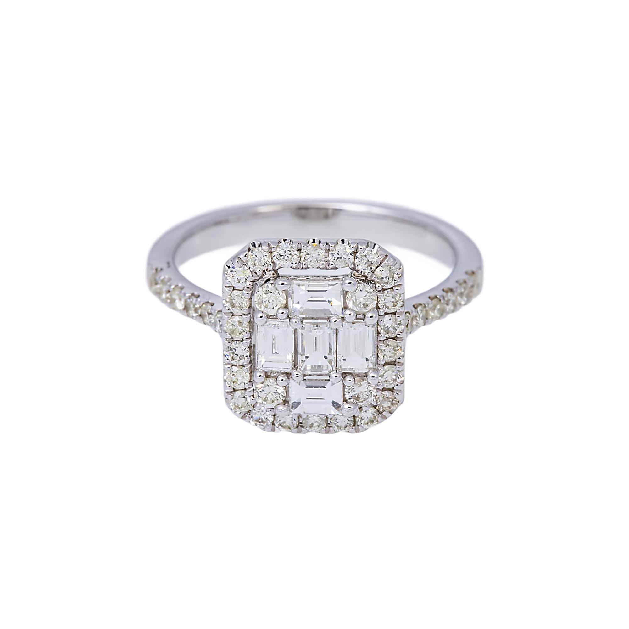 14K GOLD ROUND AND EMERALD CUT HALO DIAMOND ENGAGEMENT RING 1.33 CTW