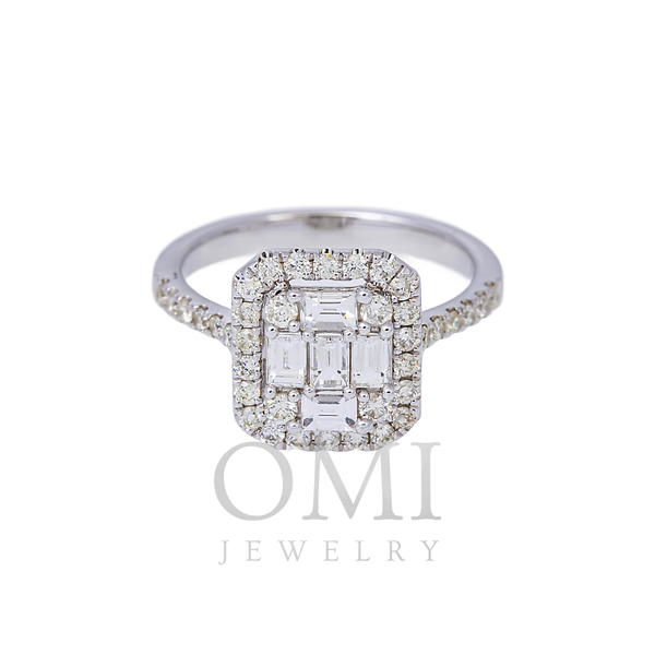 14K GOLD ROUND AND EMERALD CUT HALO DIAMOND ENGAGEMENT RING 1.33 CTW
