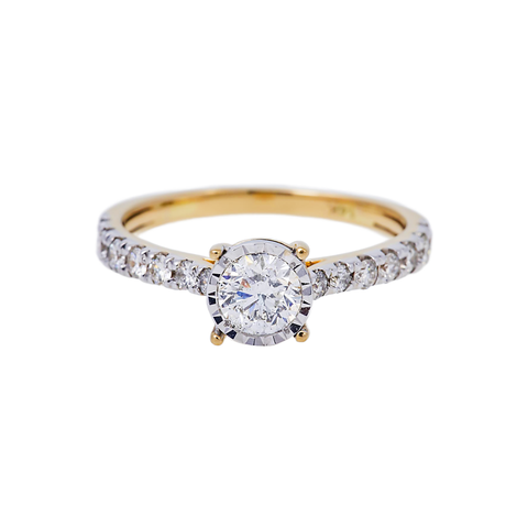 14K GOLD ROUND CUT DIAMOND CLUSTER ENGAGEMENT RING 0.90 CTW