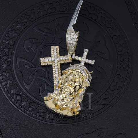 14K GOLD DIAMOND JESUS HEAD WITH CROSSES PENDANT 1.53 CT