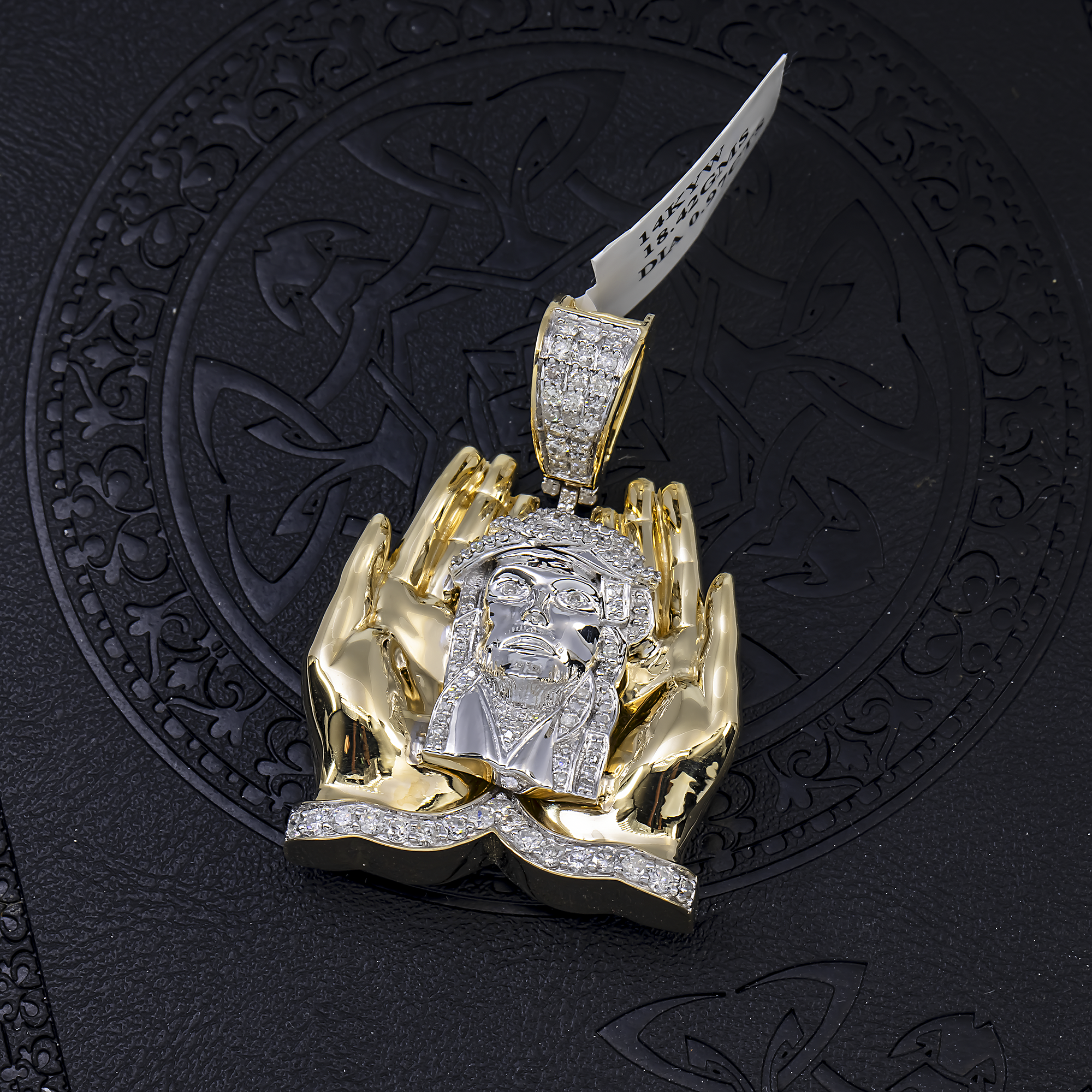 14K GOLD TWO TONE DIAMOND JESUS HEAD IN PRAYING HANDS PENDANT 0.97 CT
