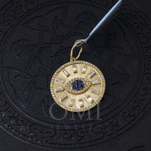 14K GOLD BAGUETTE DIAMOND AND BLUE GEMSTONE EVIL EYE COIN PENDANT 0.50 CT