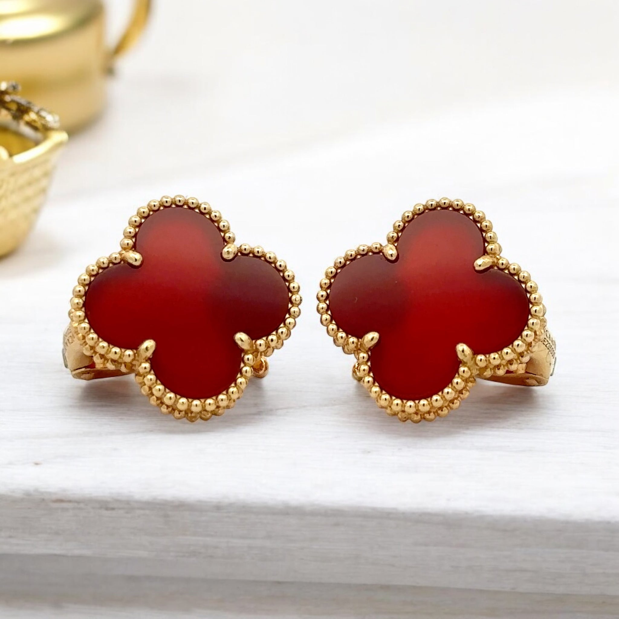 18K YELLOW GOLD RED CLOVER EARRINGS