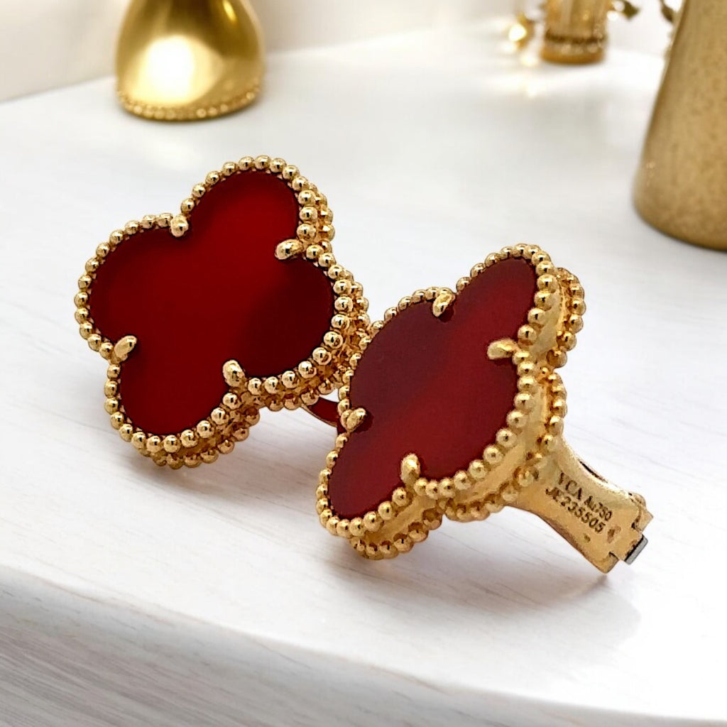 18K YELLOW GOLD RED CLOVER EARRINGS