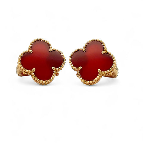 18K YELLOW GOLD RED CLOVER EARRINGS