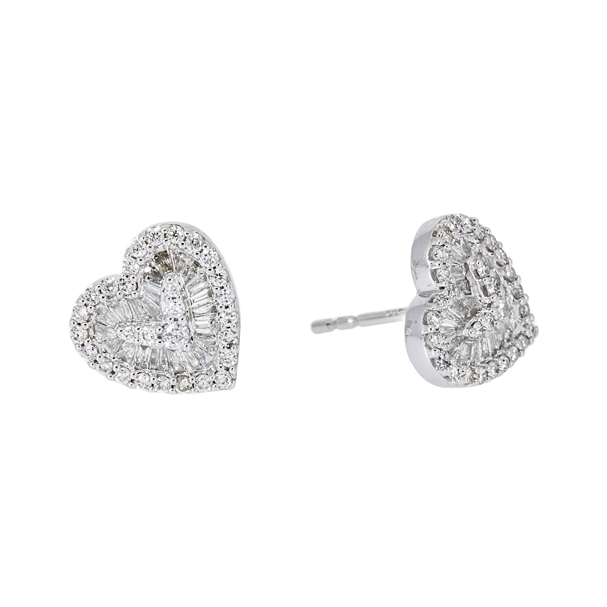 14K GOLD BAGUETTE AND ROUND DIAMOND HEART EARRINGS 0.74 CTW