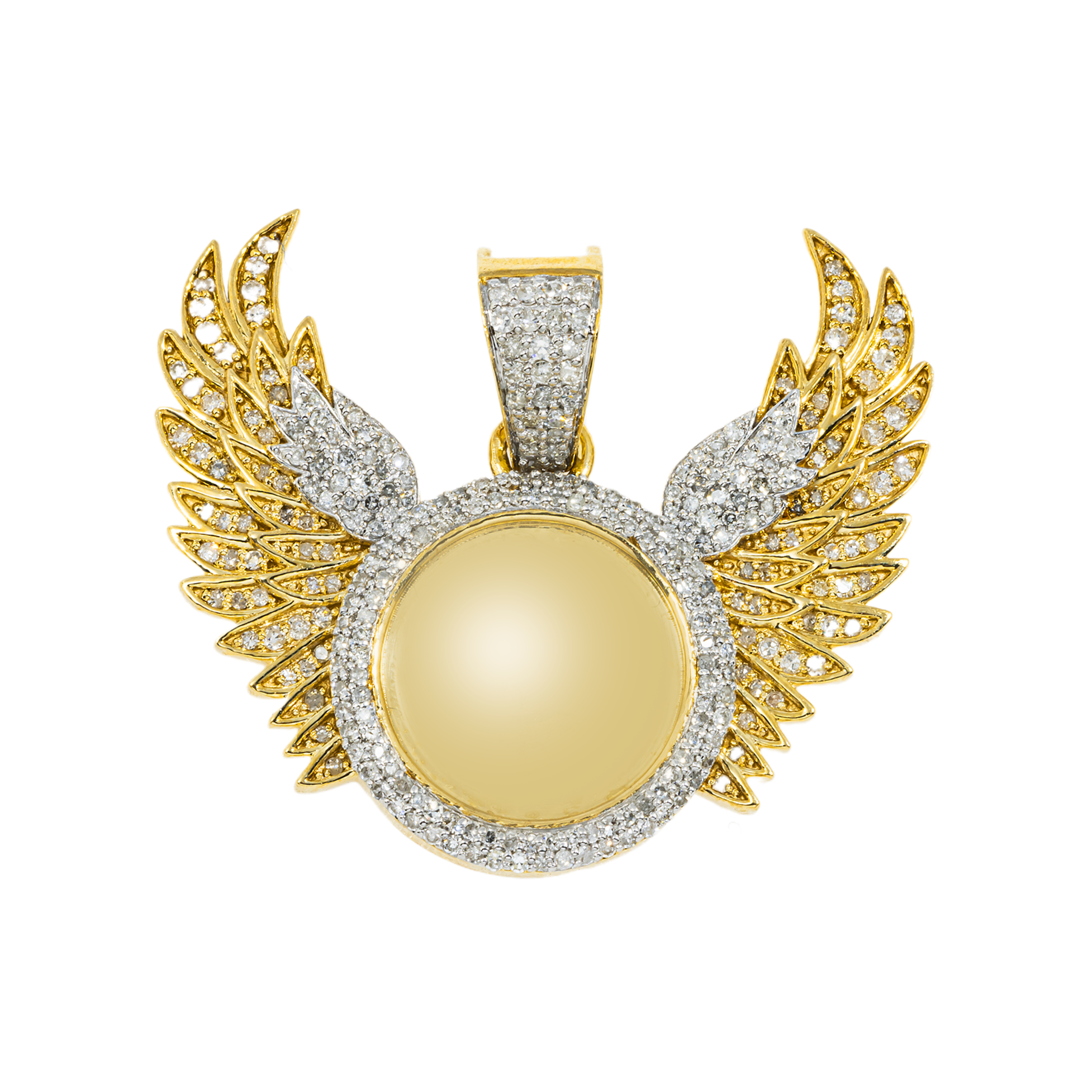 10K GOLD DIAMOND CIRCLE WITH ANGEL WINGS PICTURE PENDANT 0.93 CT