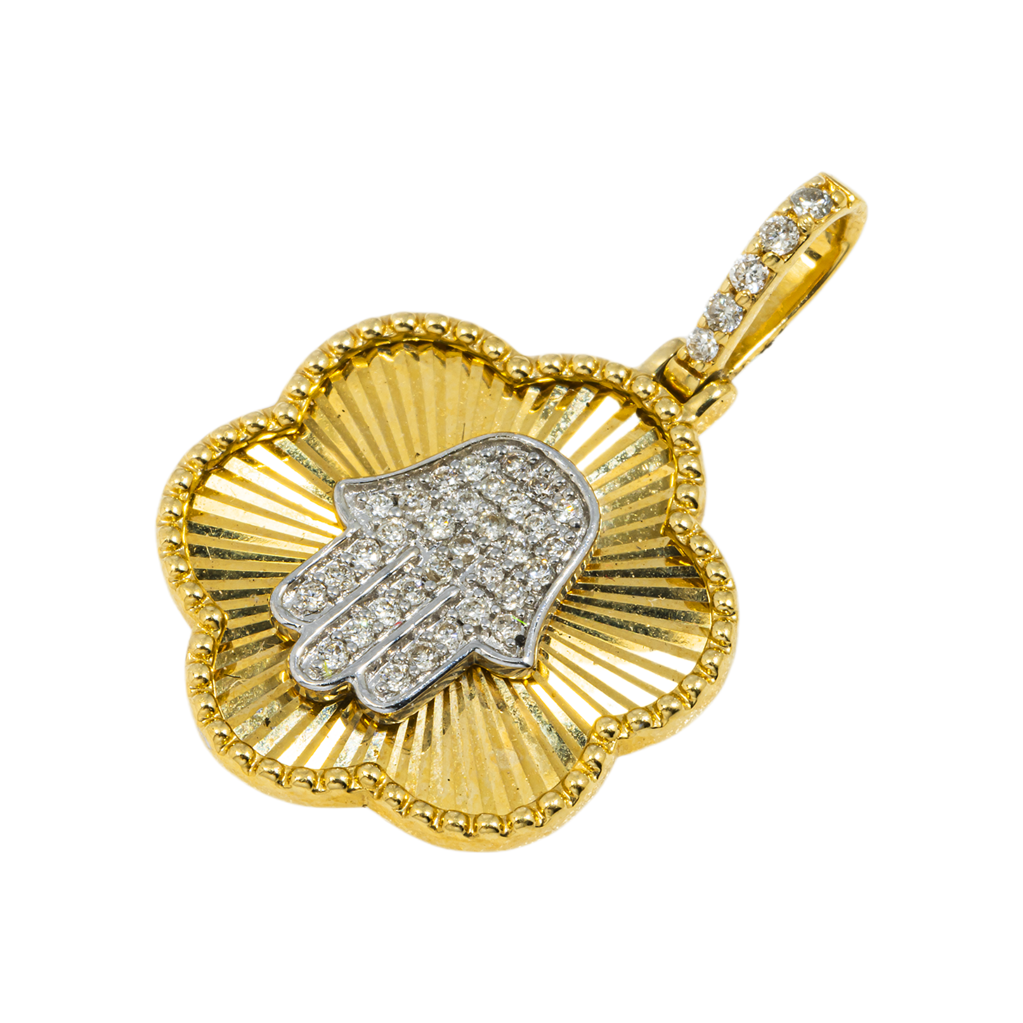 14K GOLD DIAMOND CLOVER WITH HAMSA PENDANT 0.21 CT