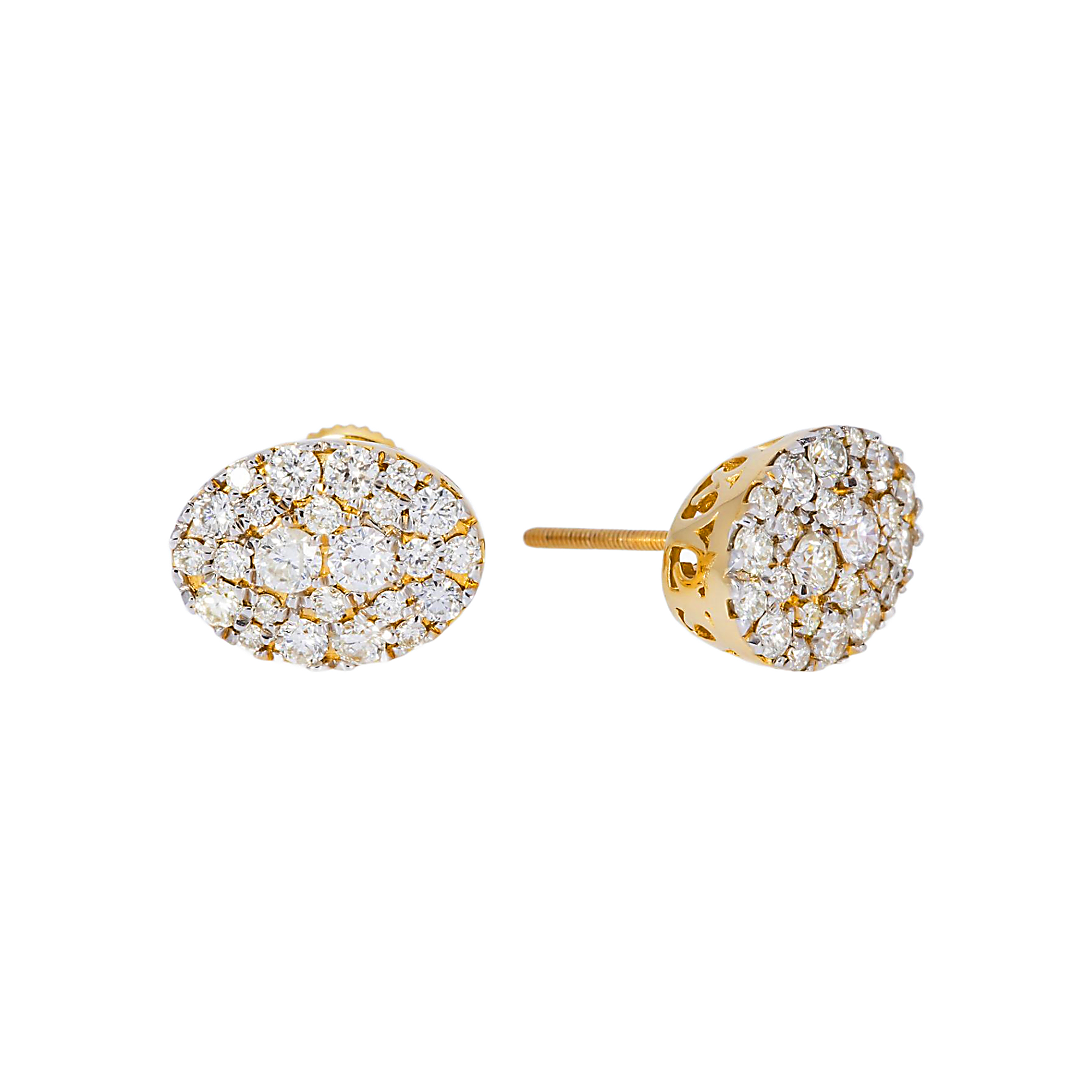 14K GOLD ROUND DIAMOND CLUSTER OVAL SHAPE EARRINGS 1.18 CTW