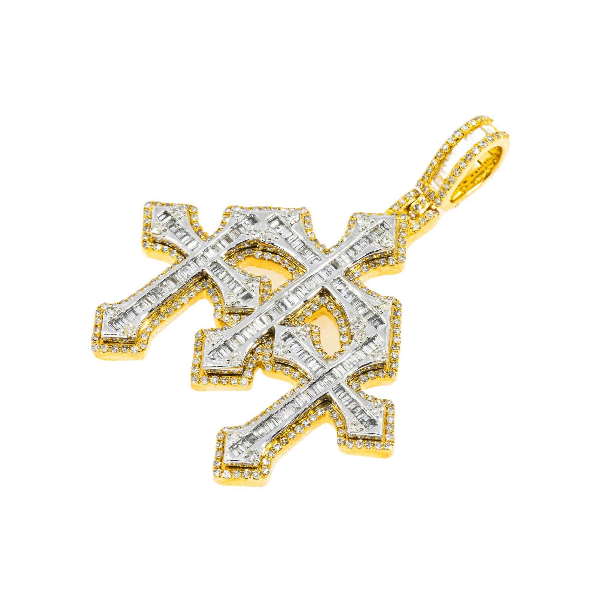 10K GOLD BAGUETTE AND ROUND DIAMOND TRIPLE CROSSES PENDANT 1.50 CT